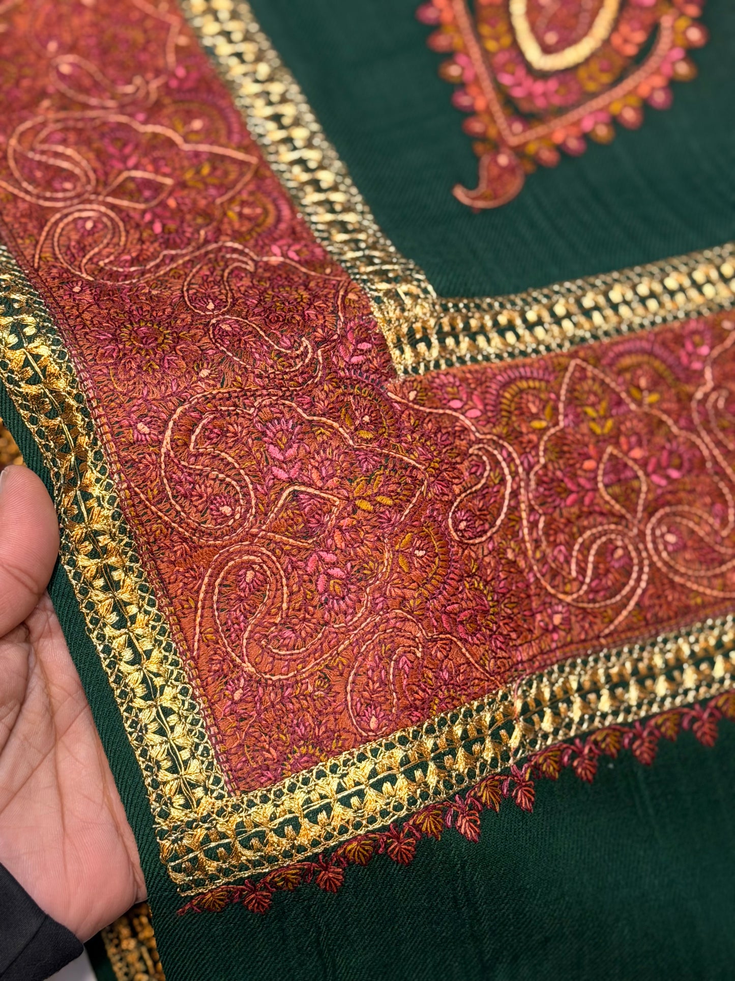 Kashmiri Shawl | Wide Border Papermache Tilla Embroidery Made in Kashmir Pure Pashmina | Skin Grey