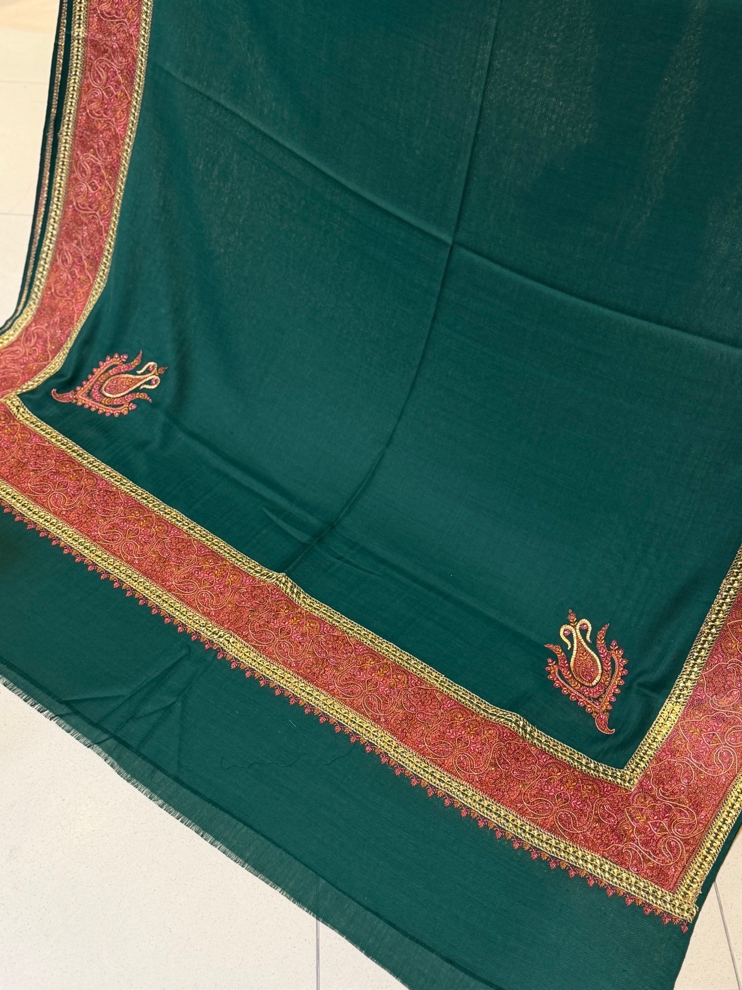 Kashmiri Shawl | Wide Border Papermache Tilla Embroidery Made in Kashmir Pure Pashmina | Skin Grey