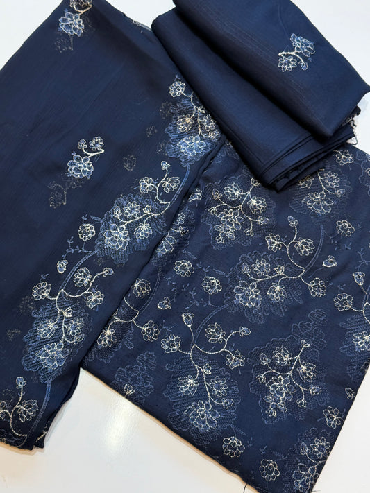 Karandi 3 Piece Embroidered Suit Crinkle Dupatta | Navy Blue