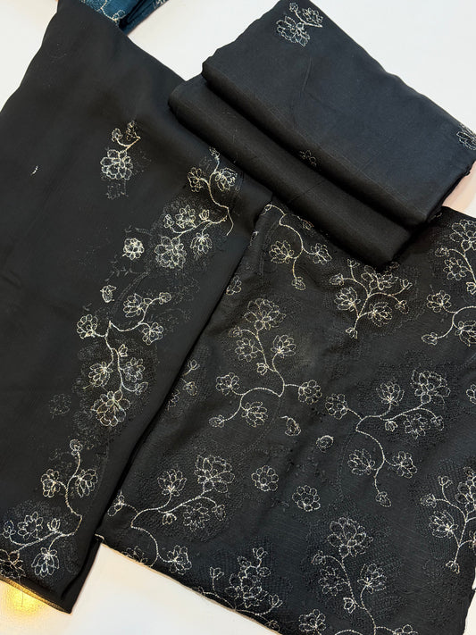 Karandi 3 Piece Embroidered Suit Crinkle Dupatta | Black