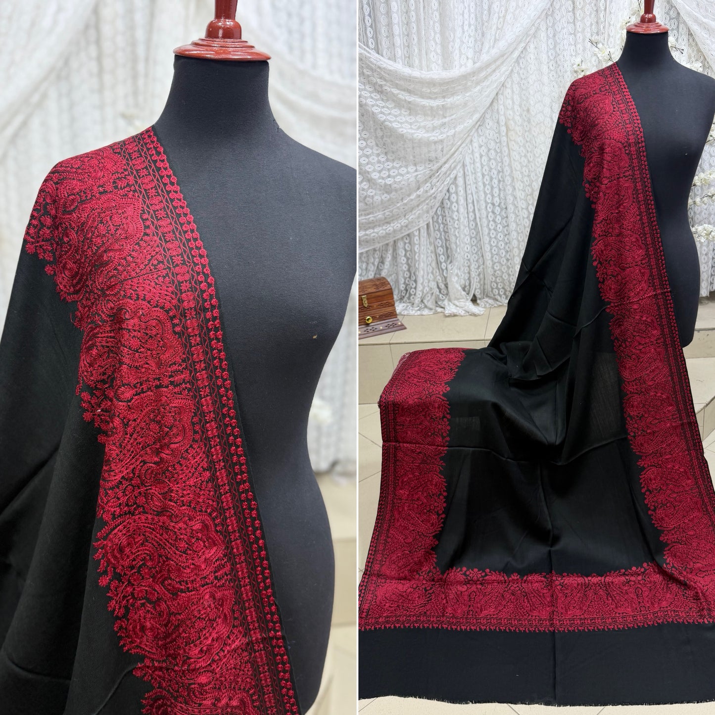 Kashmiri Shawl | 4 Side Wide Border Kashmiri Embroidery | Black Maroon