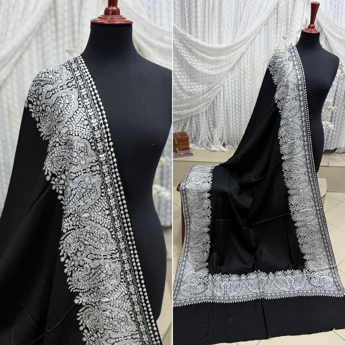 Kashmiri Shawl | 4 Side Wide Border Kashmiri Embroidery | Black White