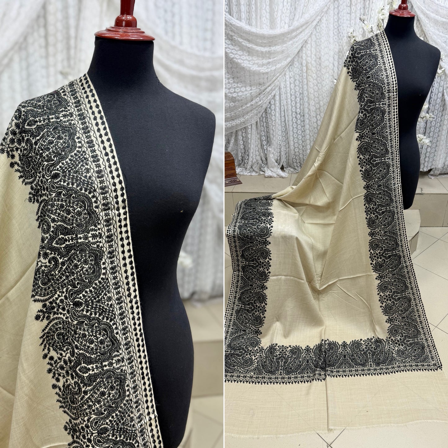 Kashmiri Shawl | 4 Side Wide Border Kashmiri Embroidery | Skin Black