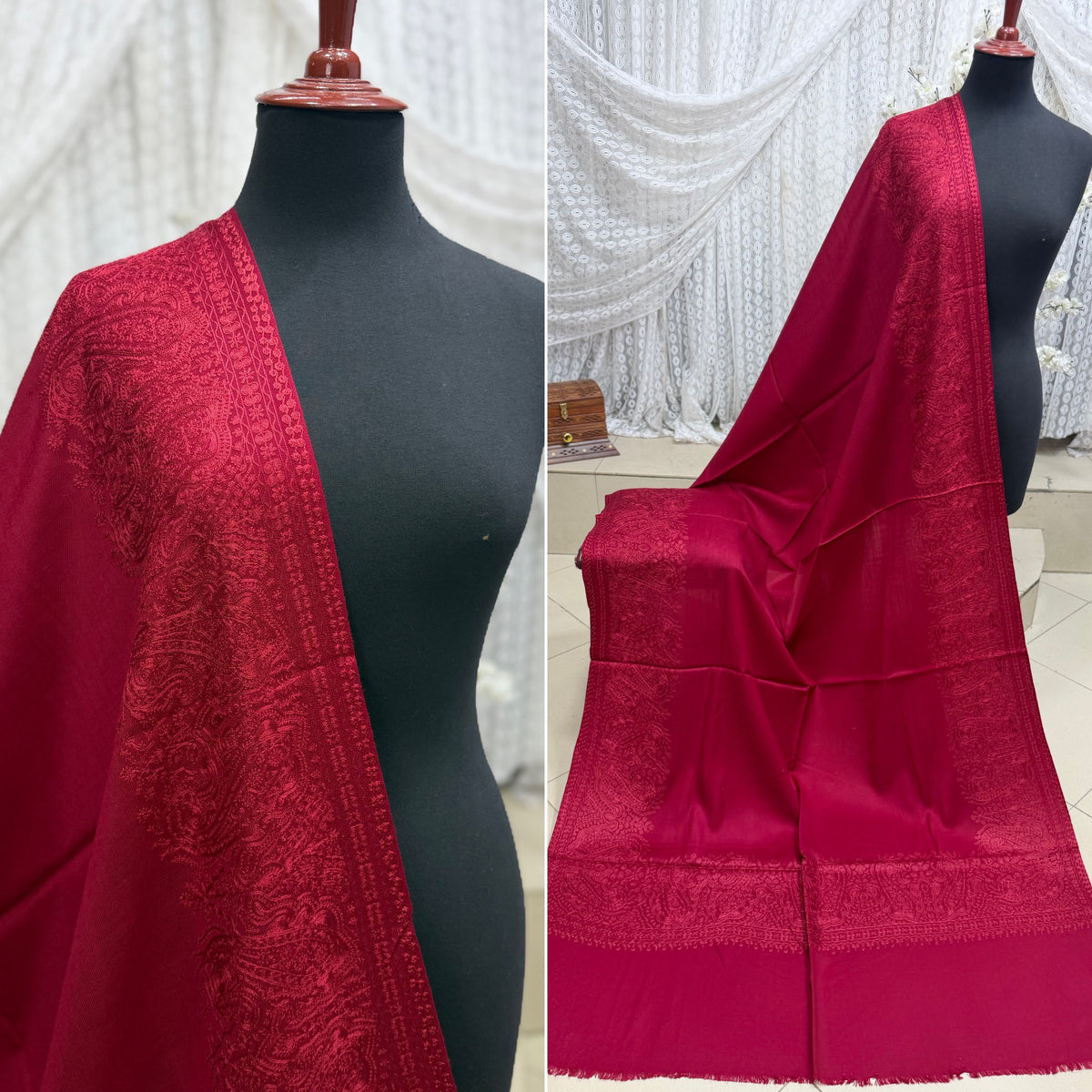 Kashmiri Shawl | 4 Side Wide Border Kashmiri Embroidery | Maroon