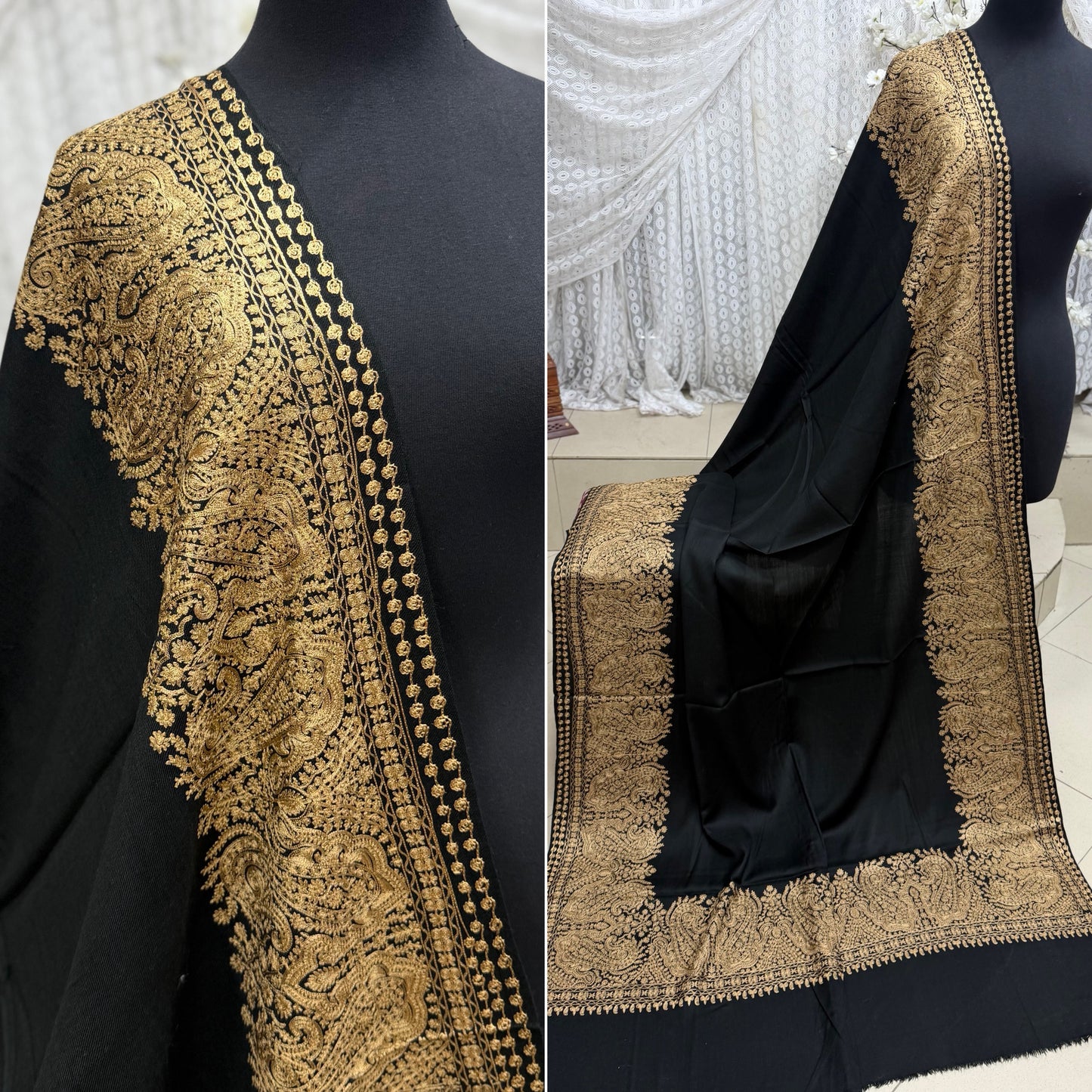 Kashmiri Shawl | 4 Side Wide Border Kashmiri Embroidery | Black Skin