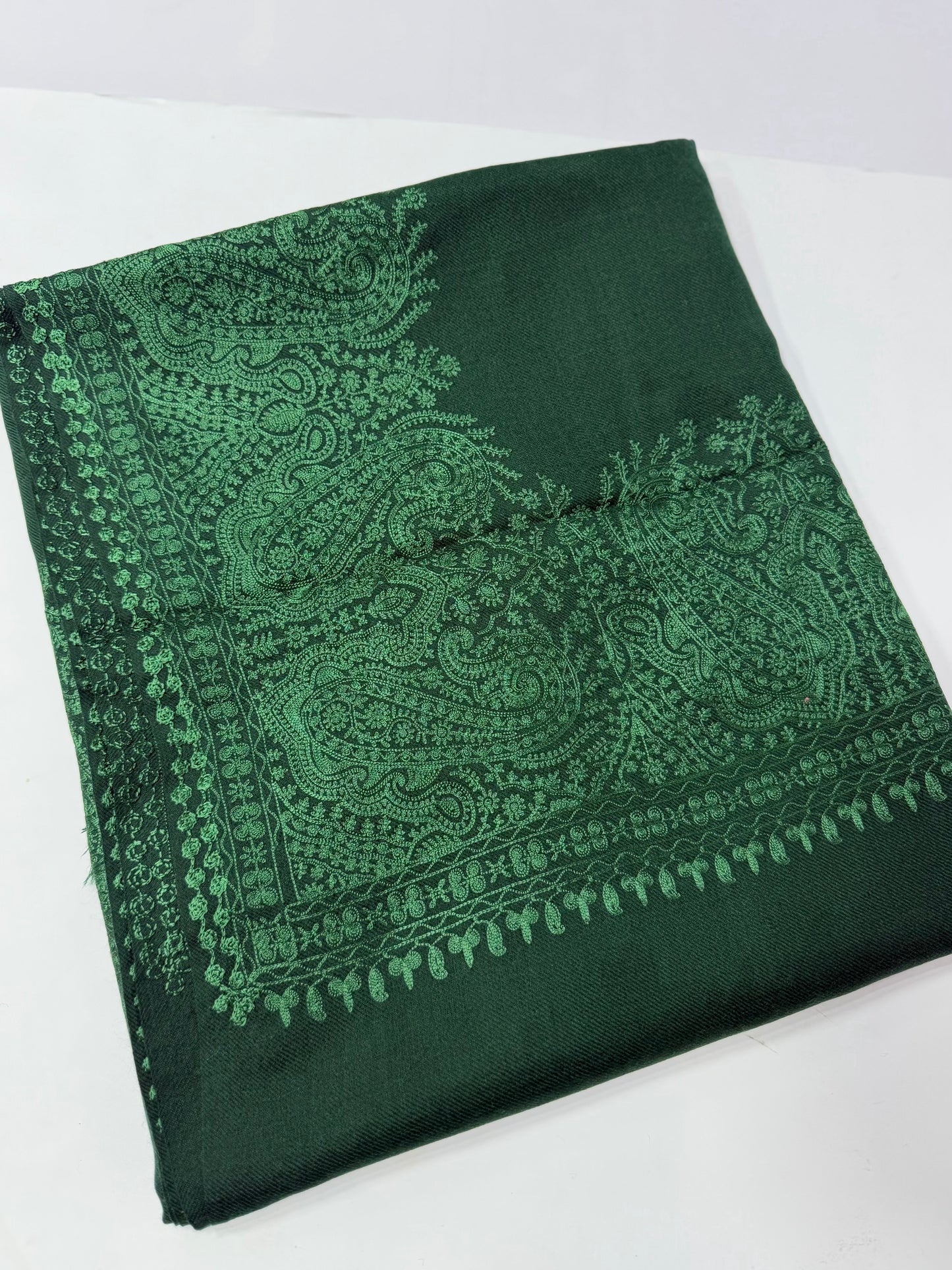 Kashmiri Shawl | 4 Side Wide Border Kashmiri Embroidery | Green