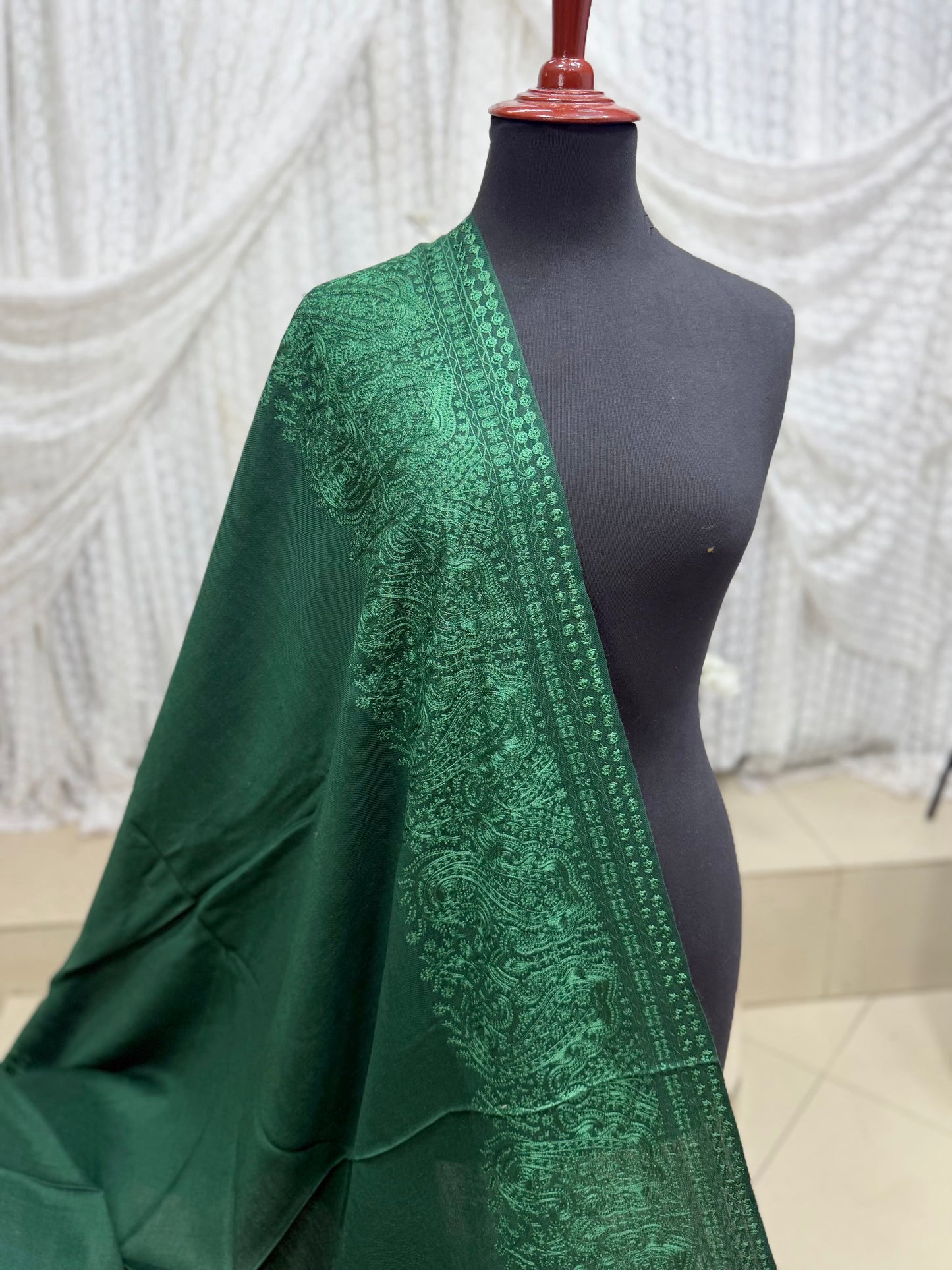Kashmiri Shawl | 4 Side Wide Border Kashmiri Embroidery | Green
