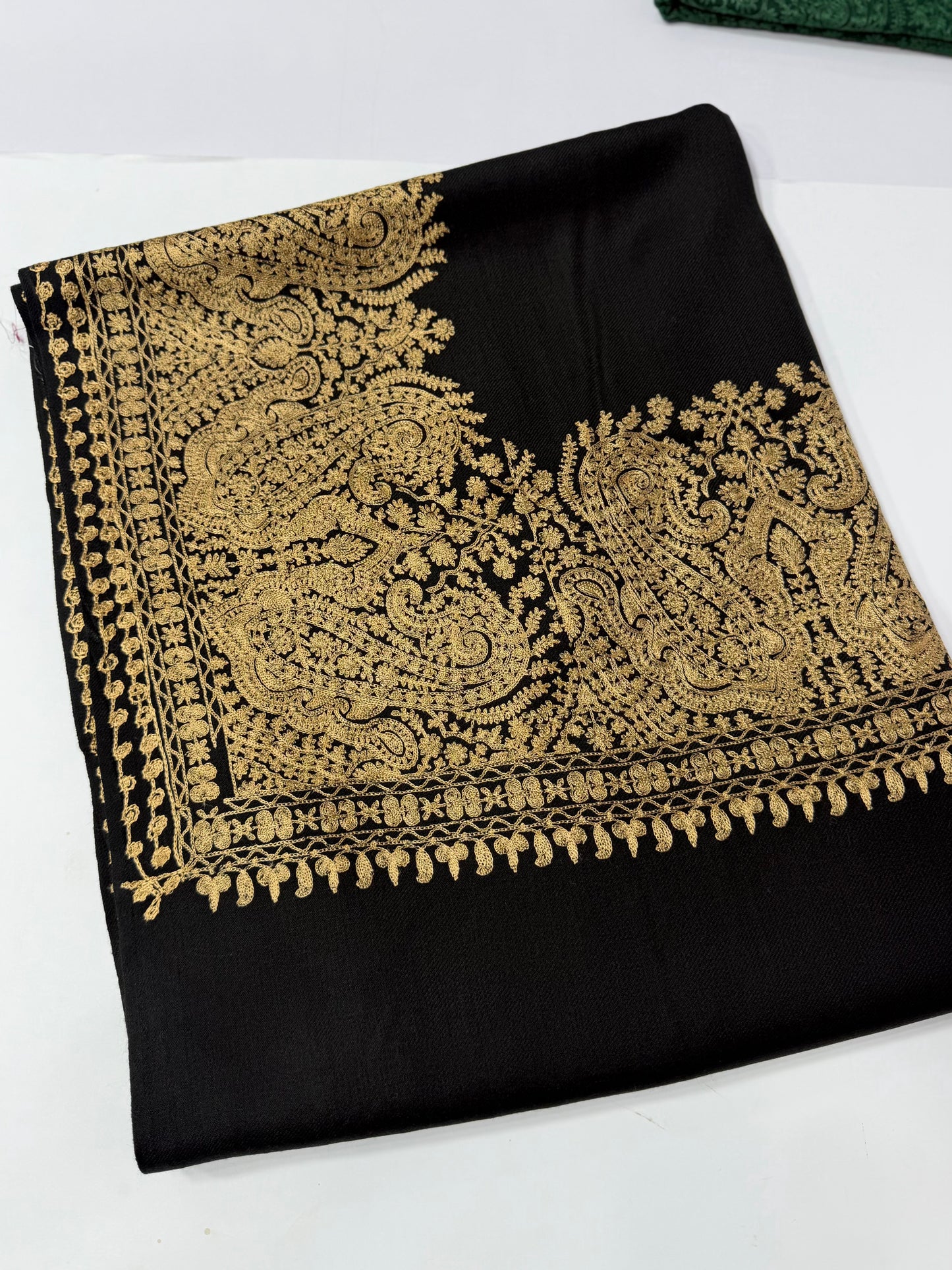 Kashmiri Shawl | 4 Side Wide Border Kashmiri Embroidery | Black Skin