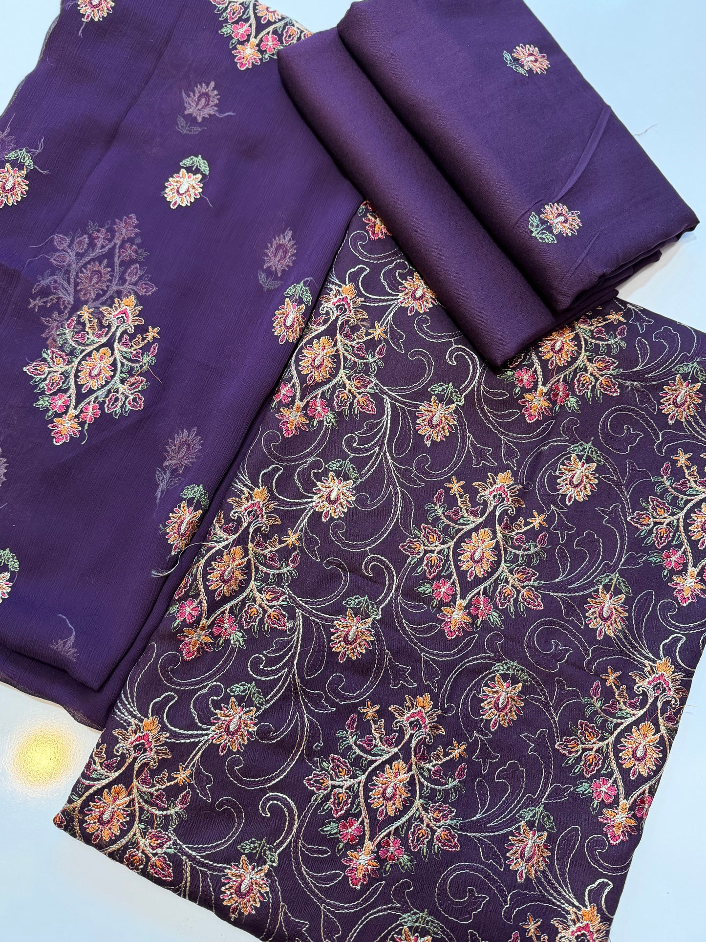 Karandi 3 Piece Embroidered Suit Crinkle Dupatta | Purple