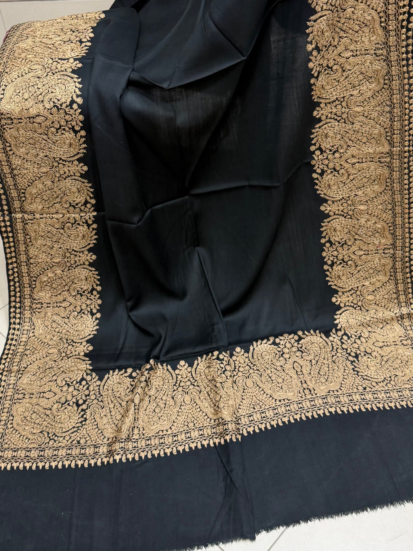 Kashmiri Shawl | 4 Side Wide Border Kashmiri Embroidery | Black Skin