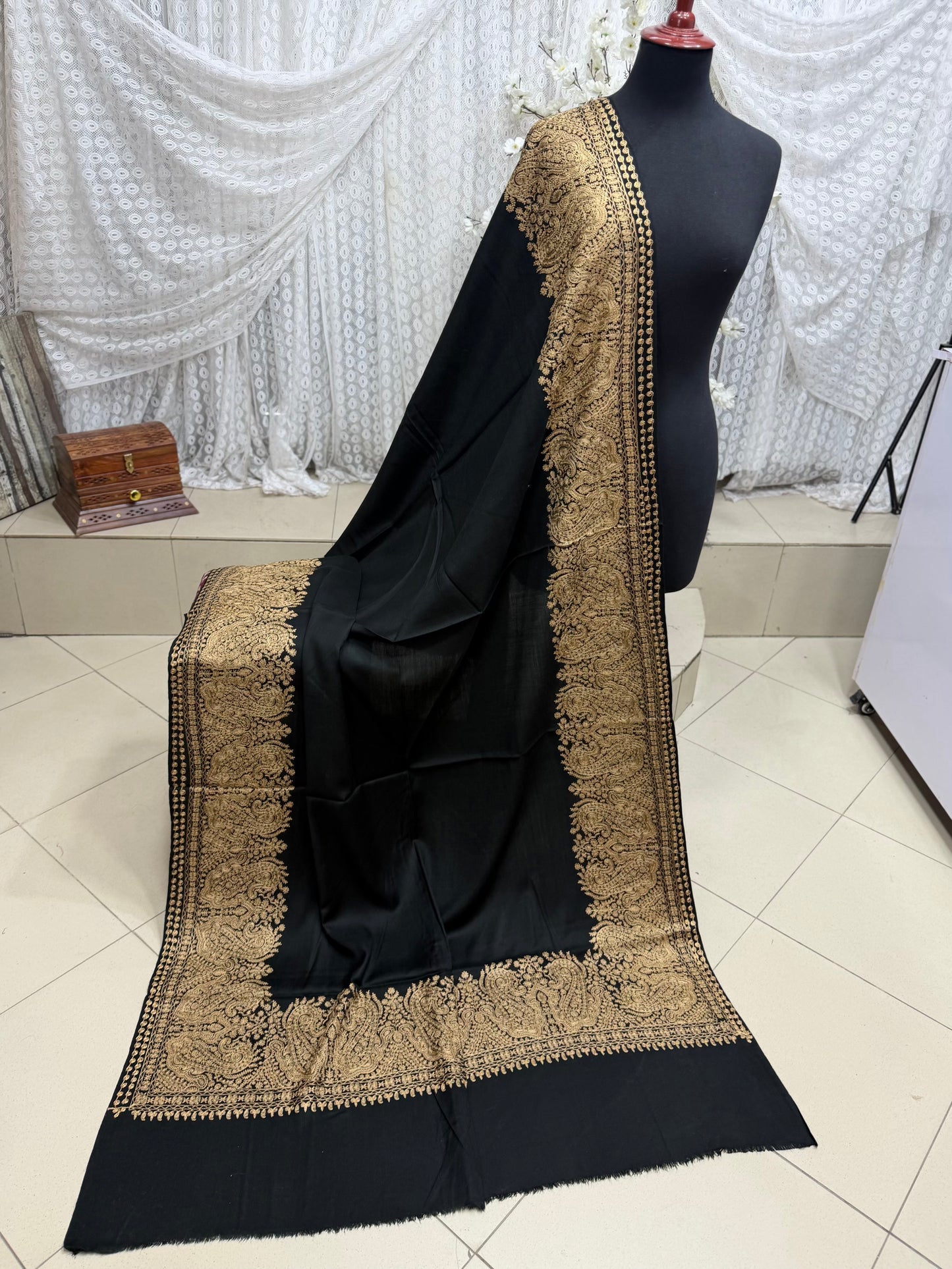 Kashmiri Shawl | 4 Side Wide Border Kashmiri Embroidery | Black Skin
