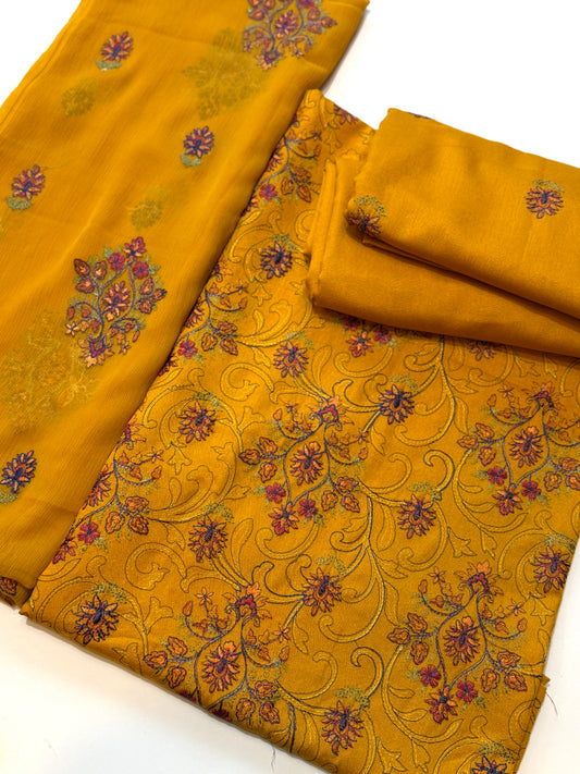 Karandi 3 Piece Embroidered Suit Crinkle Dupatta | Mustard