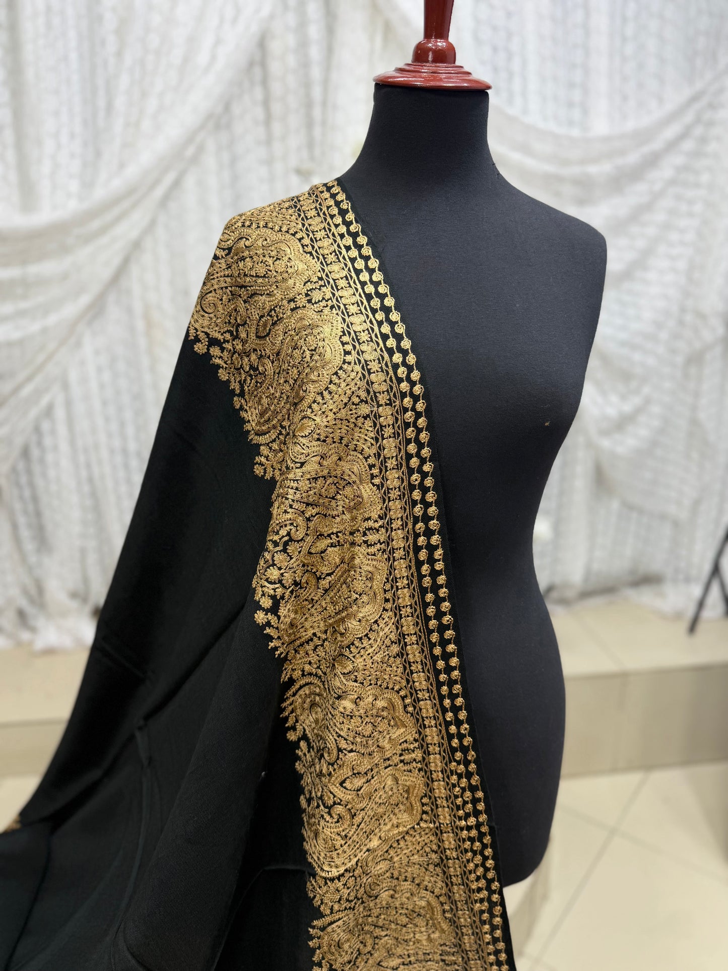 Kashmiri Shawl | 4 Side Wide Border Kashmiri Embroidery | Black Skin