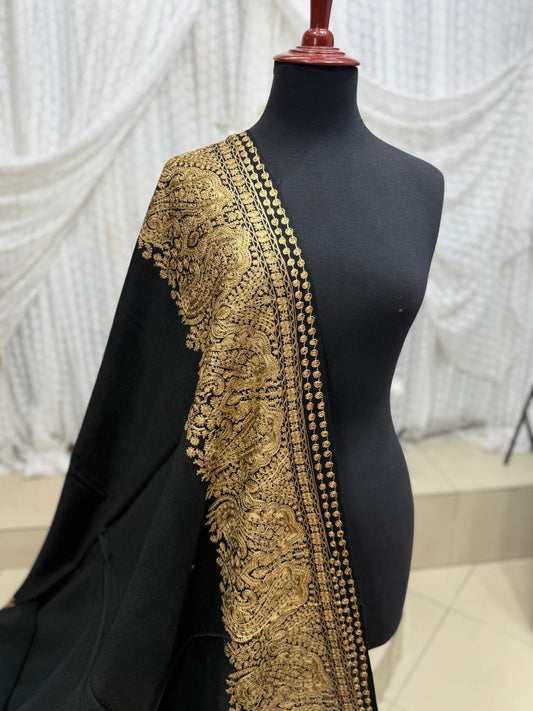 Kashmiri Shawl | 4 Side Wide Border Kashmiri Embroidery | Black Skin