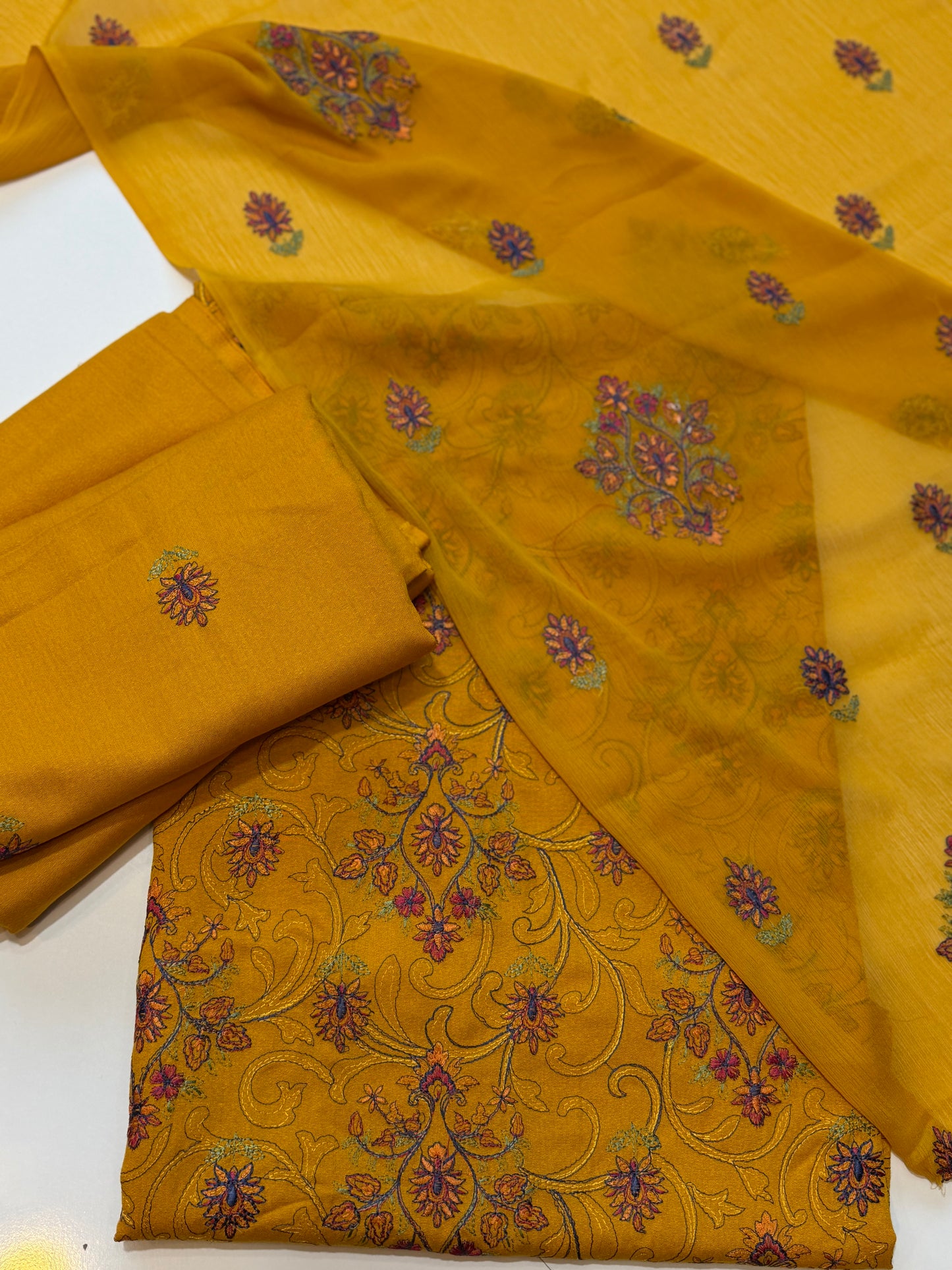 Karandi 3 Piece Embroidered Suit Crinkle Dupatta | Mustard