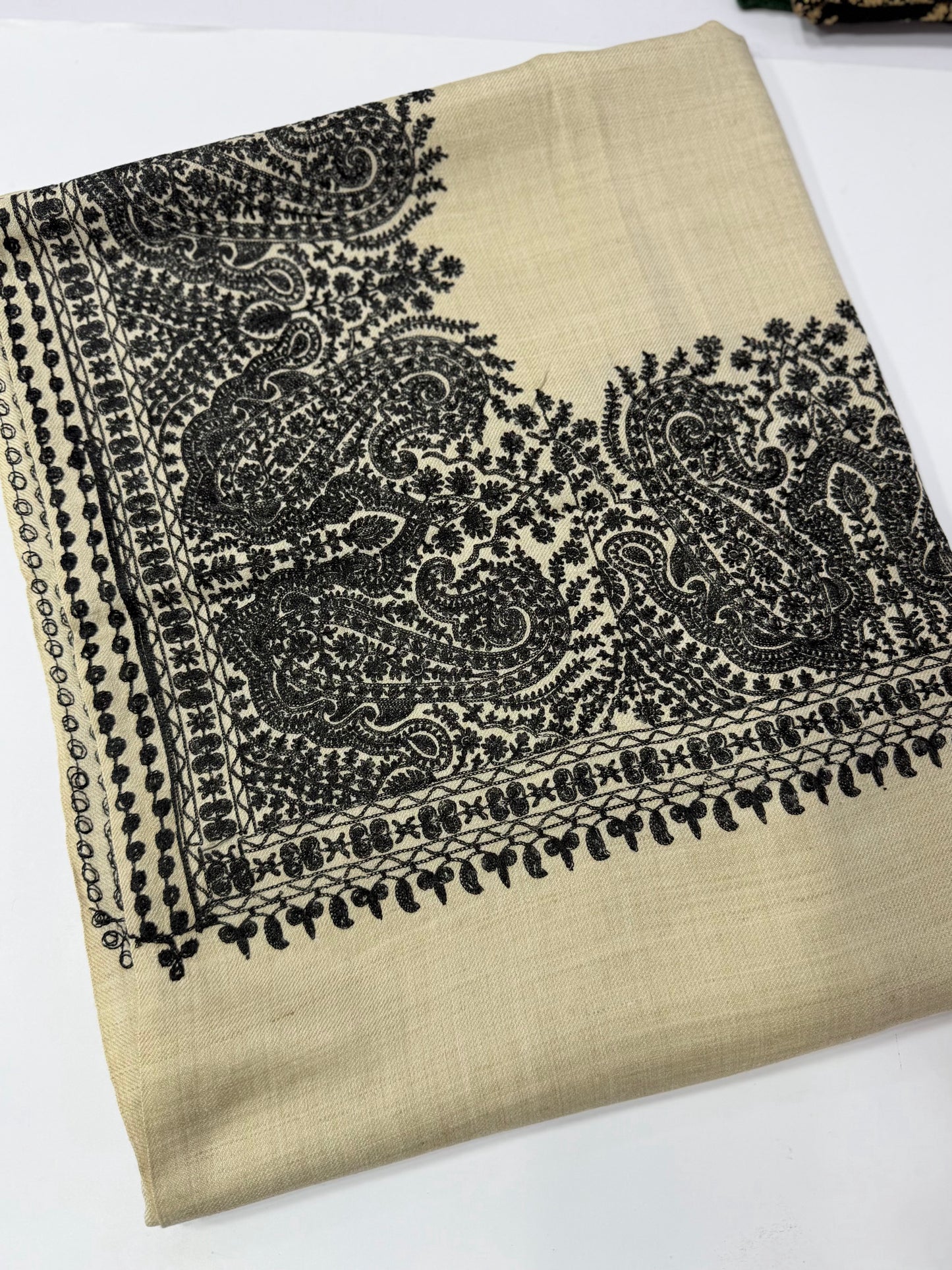 Kashmiri Shawl | 4 Side Wide Border Kashmiri Embroidery | Skin Black