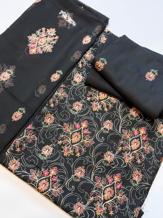 Karandi 3 Piece Embroidered Suit Crinkle Dupatta | Black