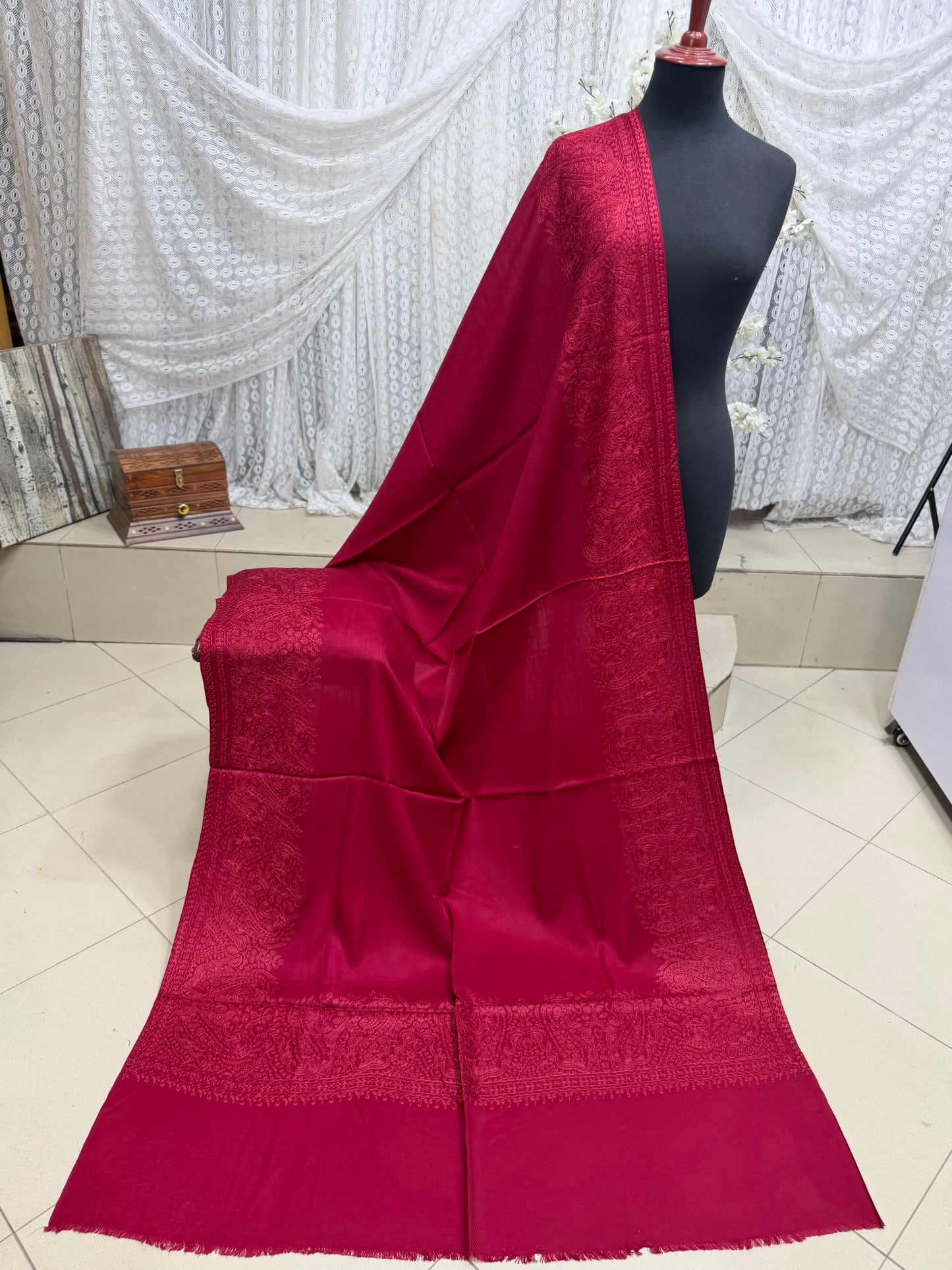Kashmiri Shawl | 4 Side Wide Border Kashmiri Embroidery | Maroon
