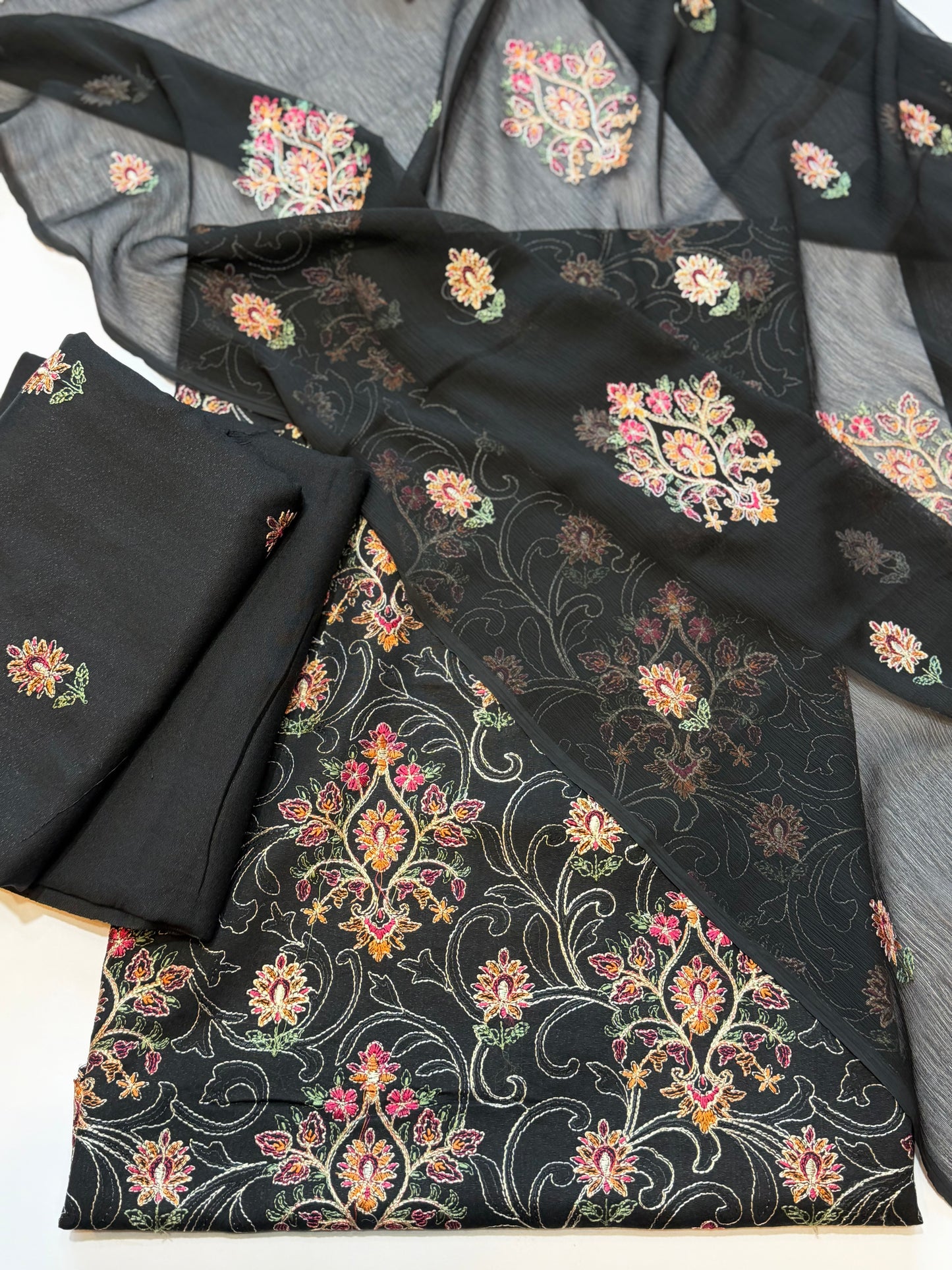 Karandi 3 Piece Embroidered Suit Crinkle Dupatta | Black