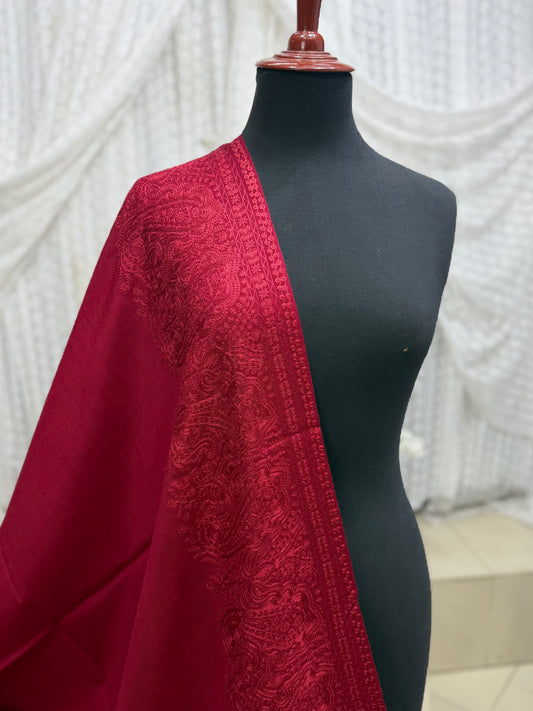 Kashmiri Shawl | 4 Side Wide Border Kashmiri Embroidery | Maroon