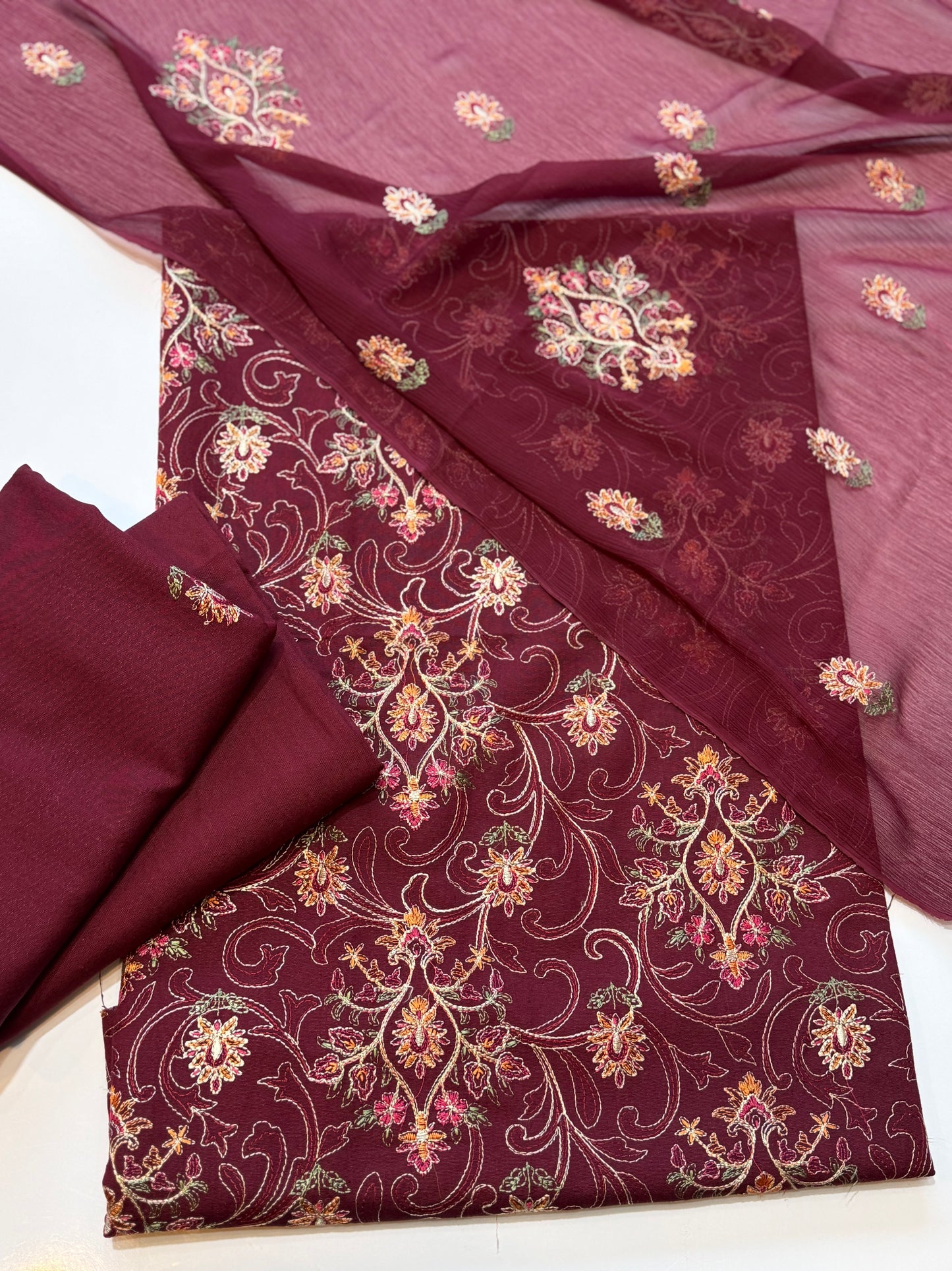 Karandi 3 Piece Embroidered Suit Crinkle Dupatta | Maroon