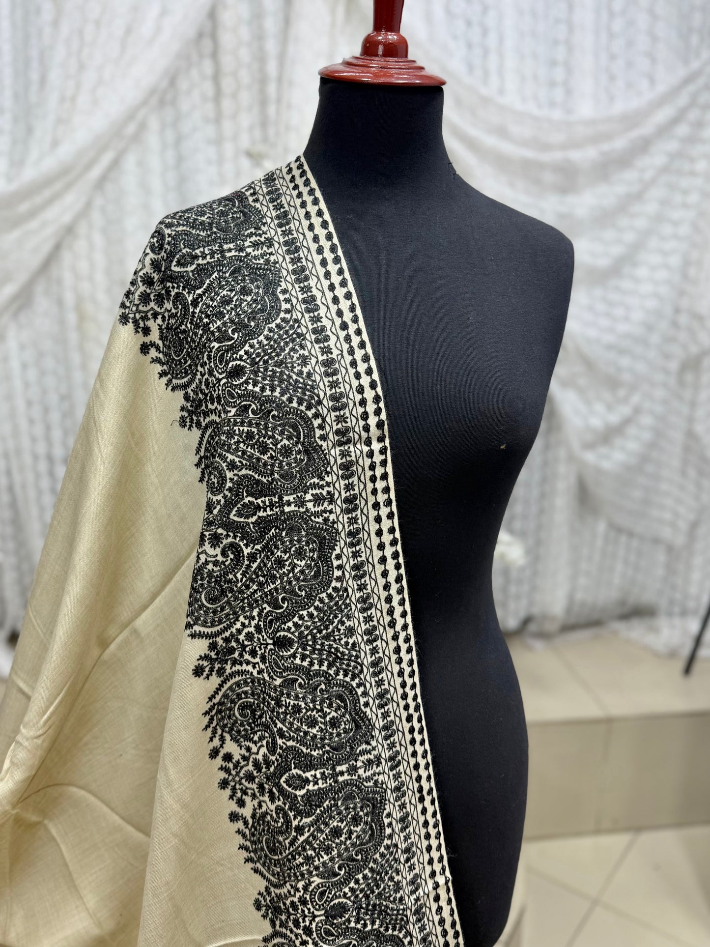 Kashmiri Shawl | 4 Side Wide Border Kashmiri Embroidery | Skin Black