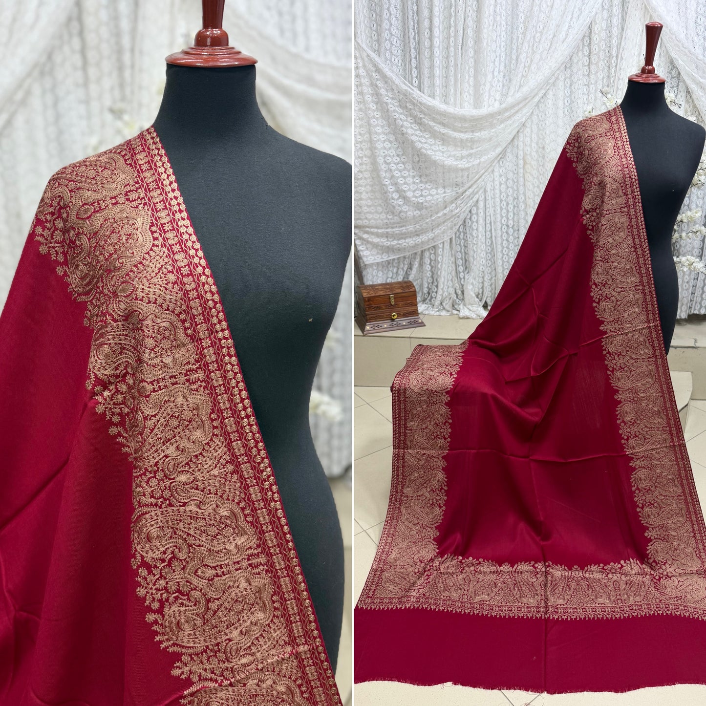 Kashmiri Shawl | 4 Side Wide Border Kashmiri Embroidery | Maroon Skin