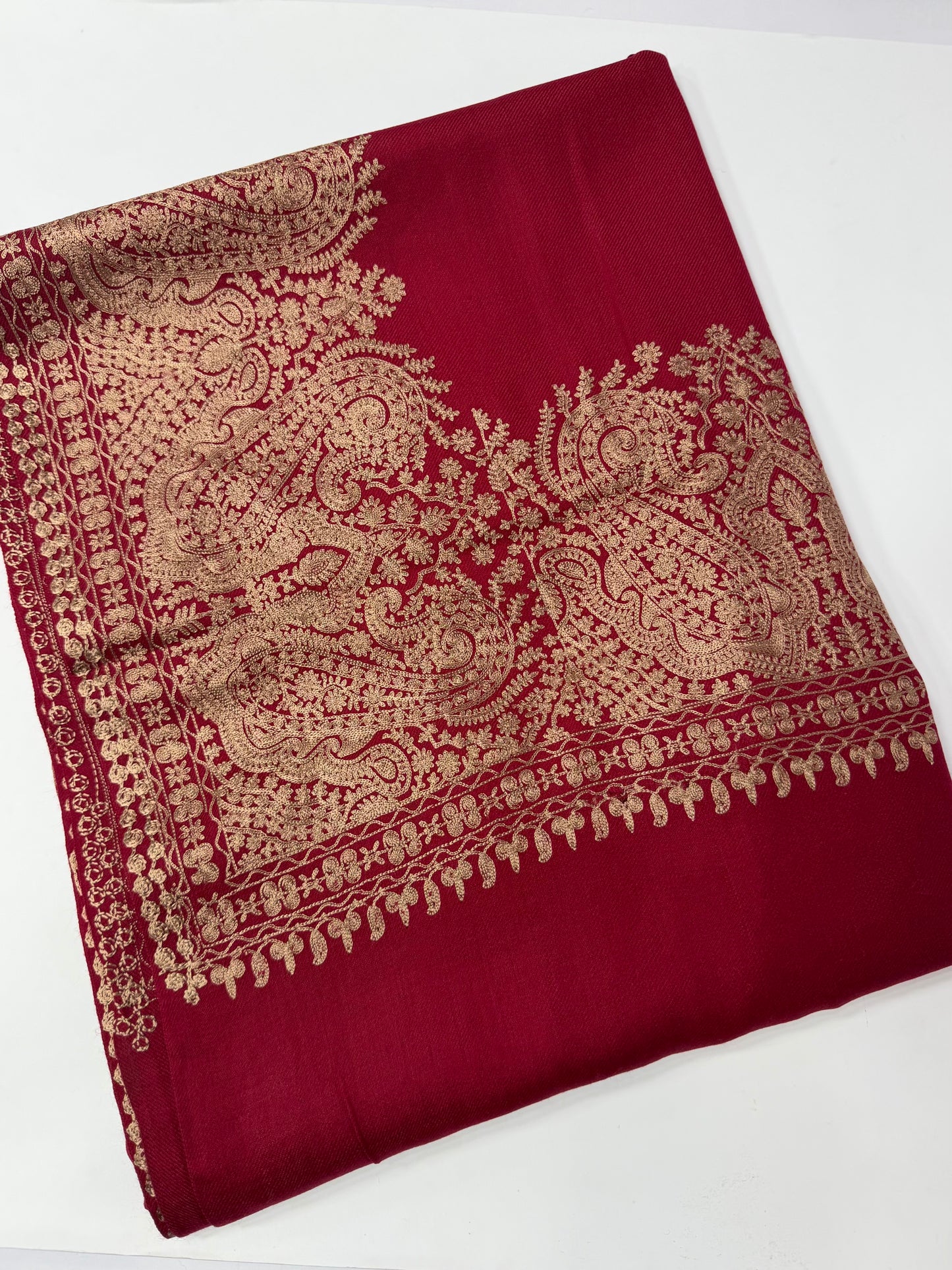 Kashmiri Shawl | 4 Side Wide Border Kashmiri Embroidery | Maroon Skin