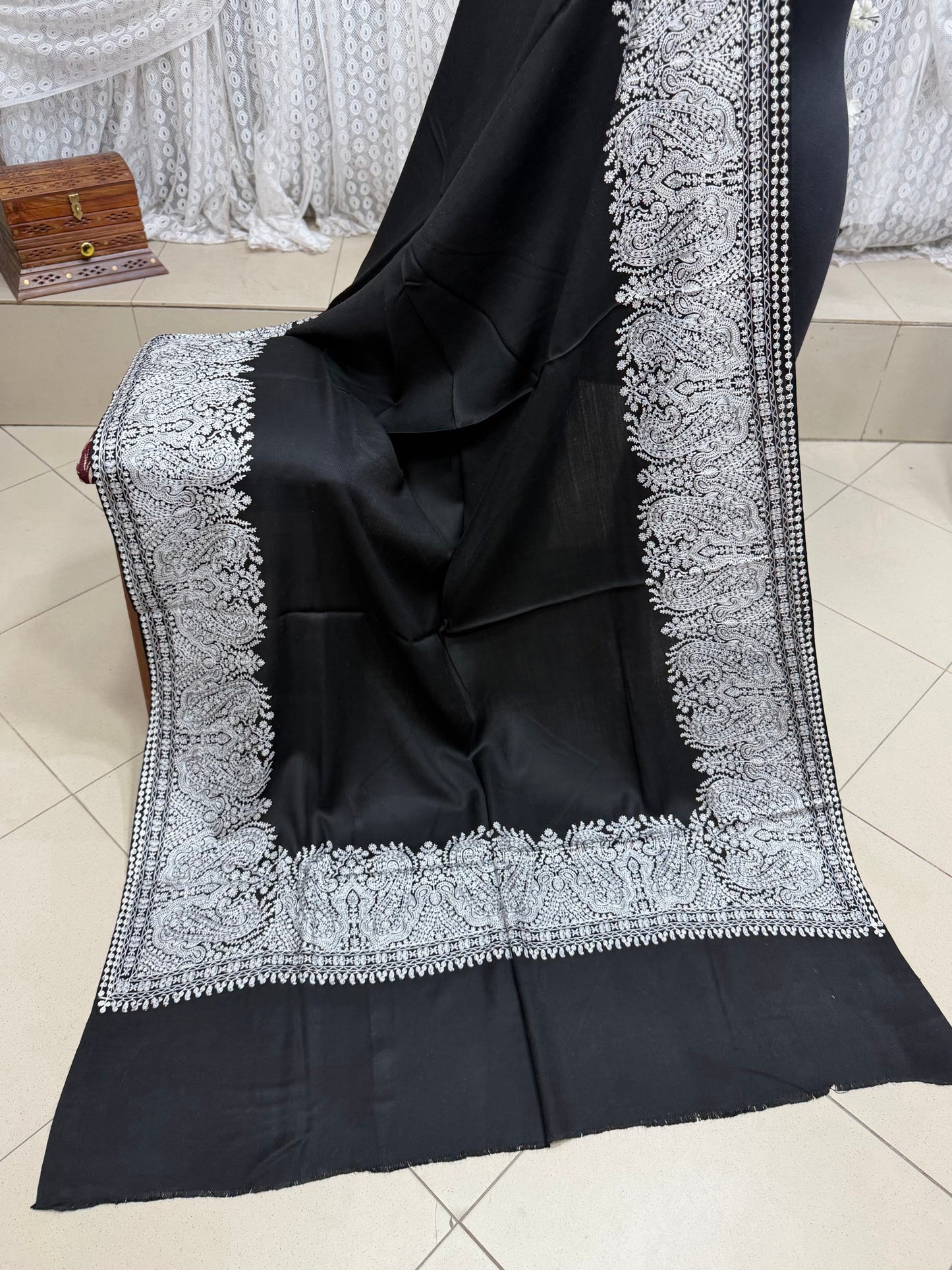 Kashmiri Shawl | 4 Side Wide Border Kashmiri Embroidery | Black White