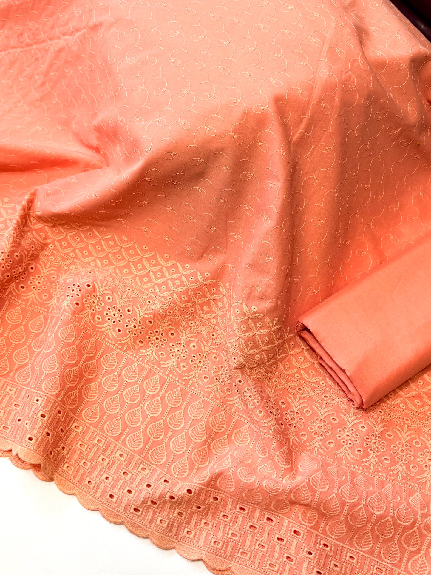 Chikankari Lawn 2 Piece Suit Daman Bore Long Length Suit | Peach Pink