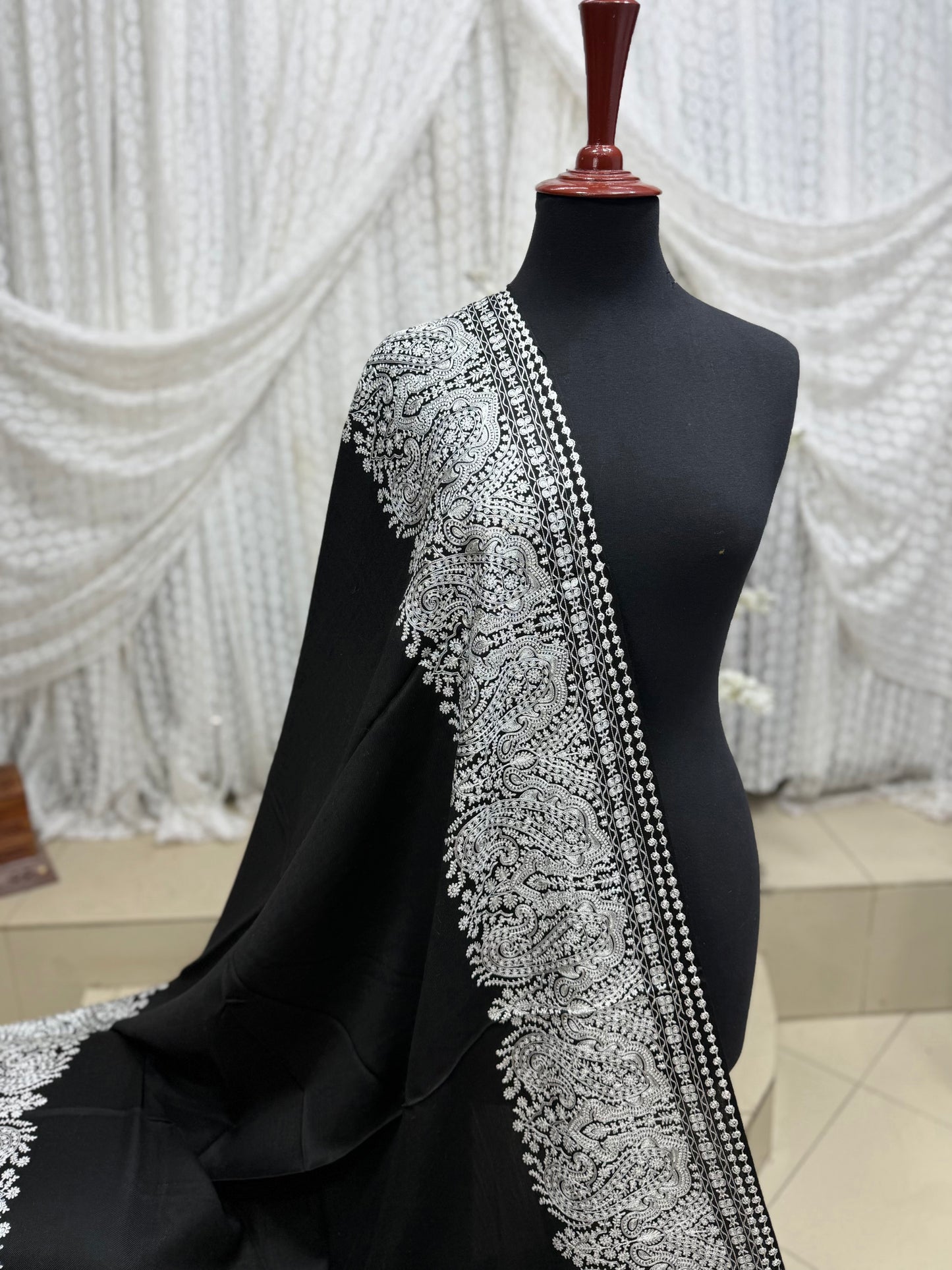 Kashmiri Shawl | 4 Side Wide Border Kashmiri Embroidery | Black White
