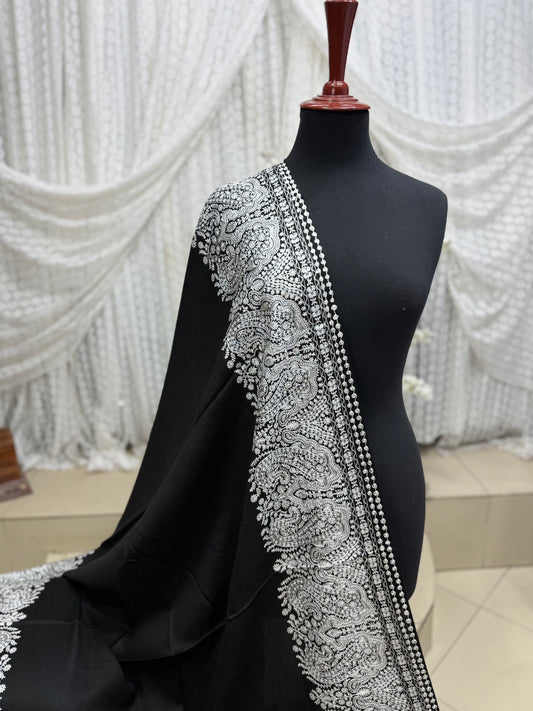 Kashmiri Shawl | 4 Side Wide Border Kashmiri Embroidery | Black White