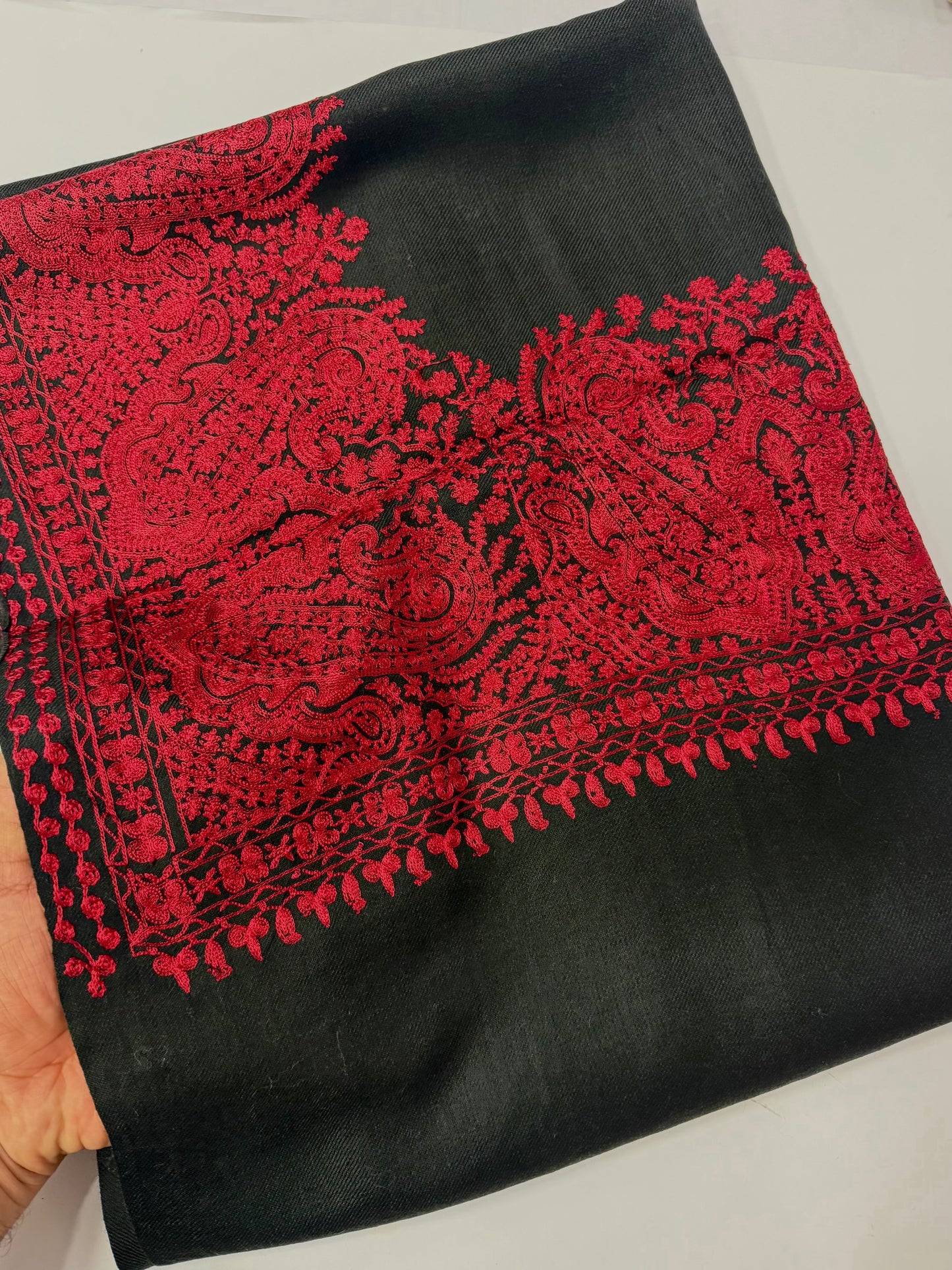 Kashmiri Shawl | 4 Side Wide Border Kashmiri Embroidery | Black Maroon