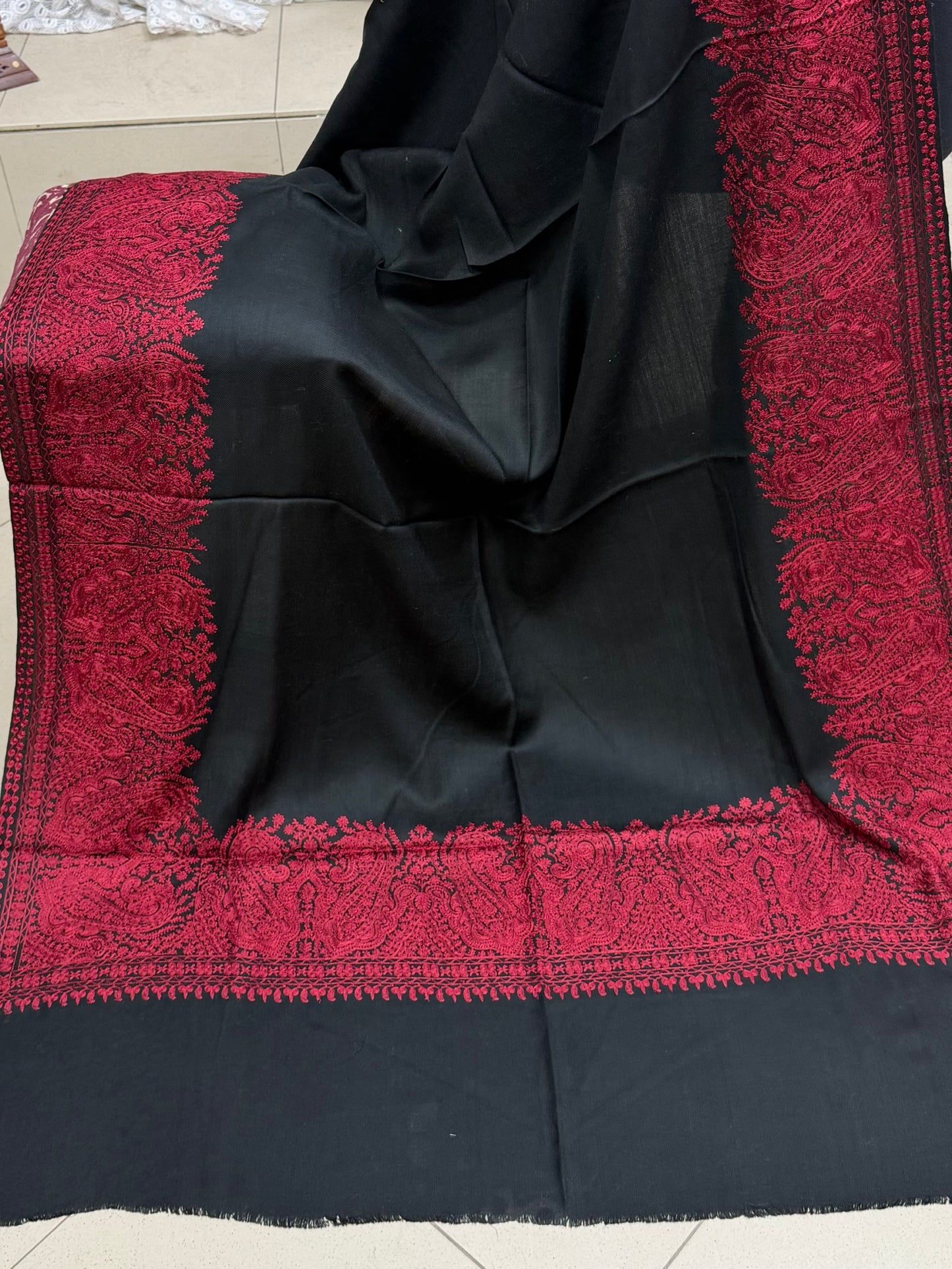 Kashmiri Shawl | 4 Side Wide Border Kashmiri Embroidery | Black Maroon
