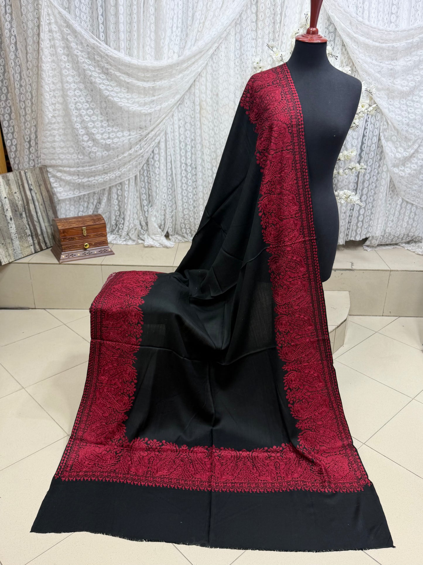 Kashmiri Shawl | 4 Side Wide Border Kashmiri Embroidery | Black Maroon