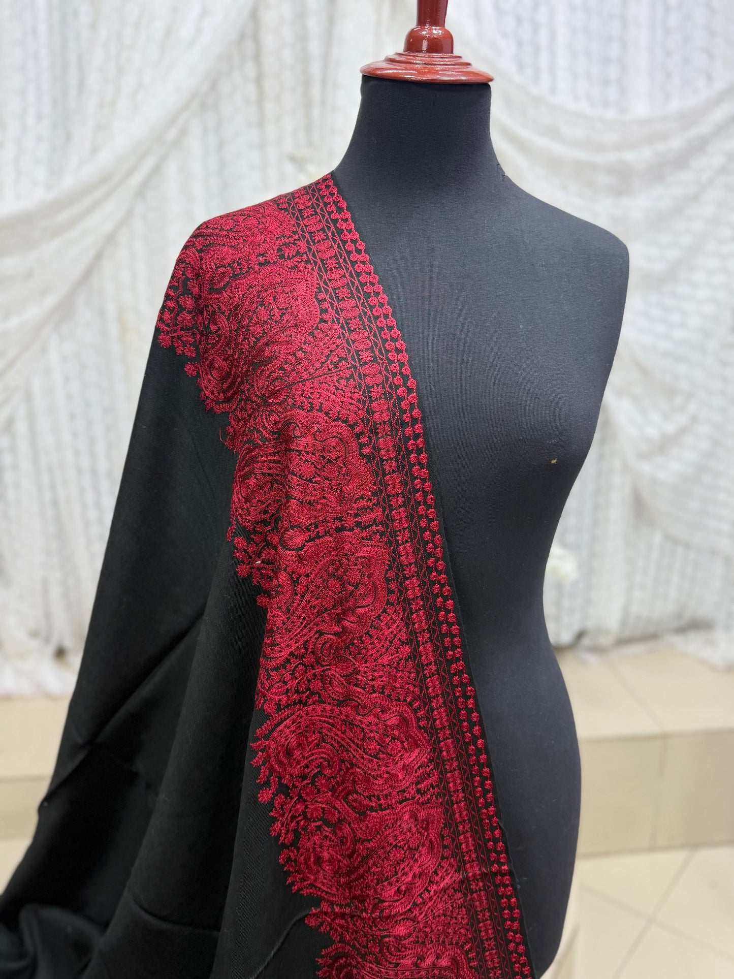 Kashmiri Shawl | 4 Side Wide Border Kashmiri Embroidery | Black Maroon