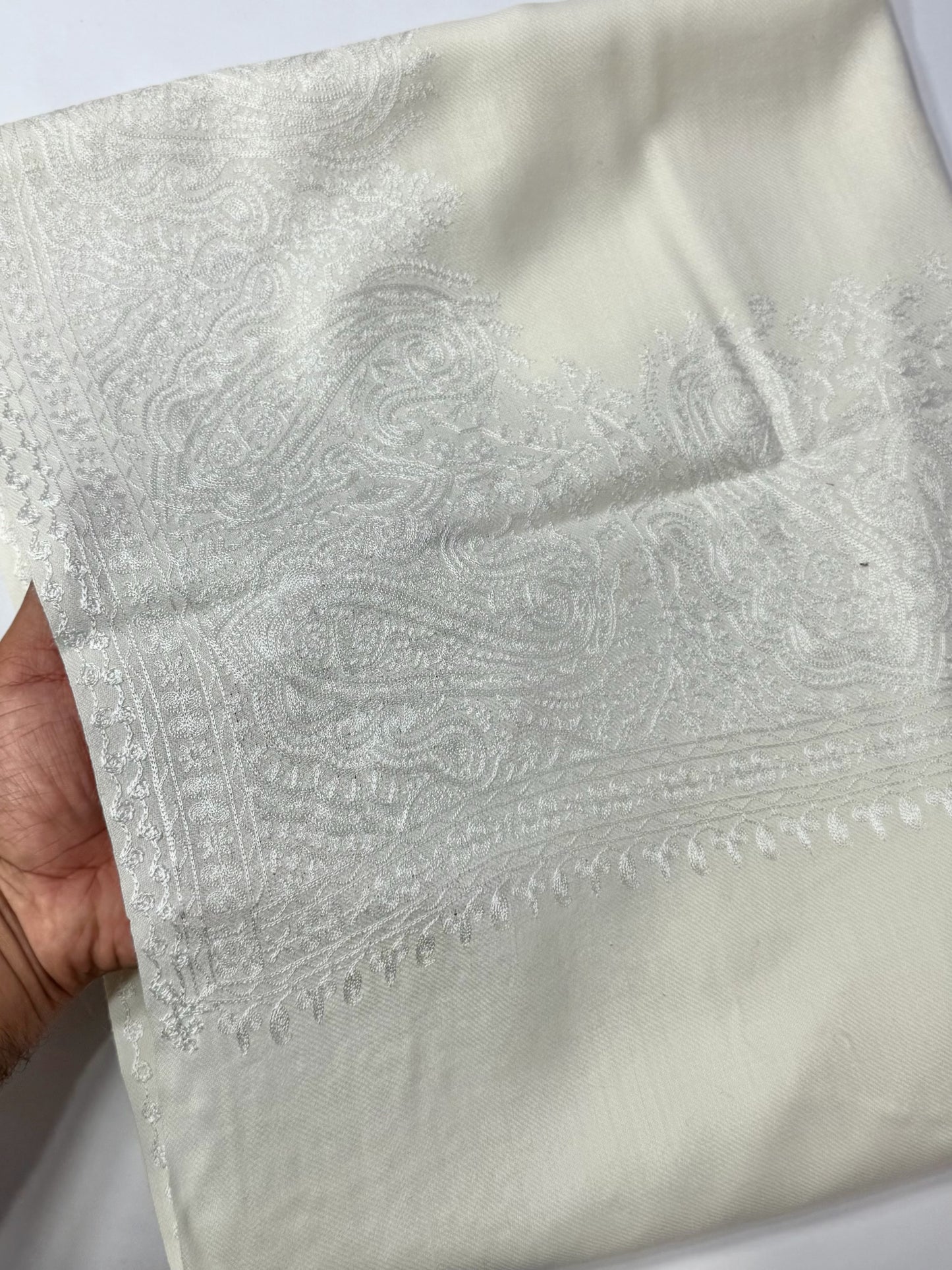 Kashmiri Shawl | 4 Side Wide Border Kashmiri Embroidery | White