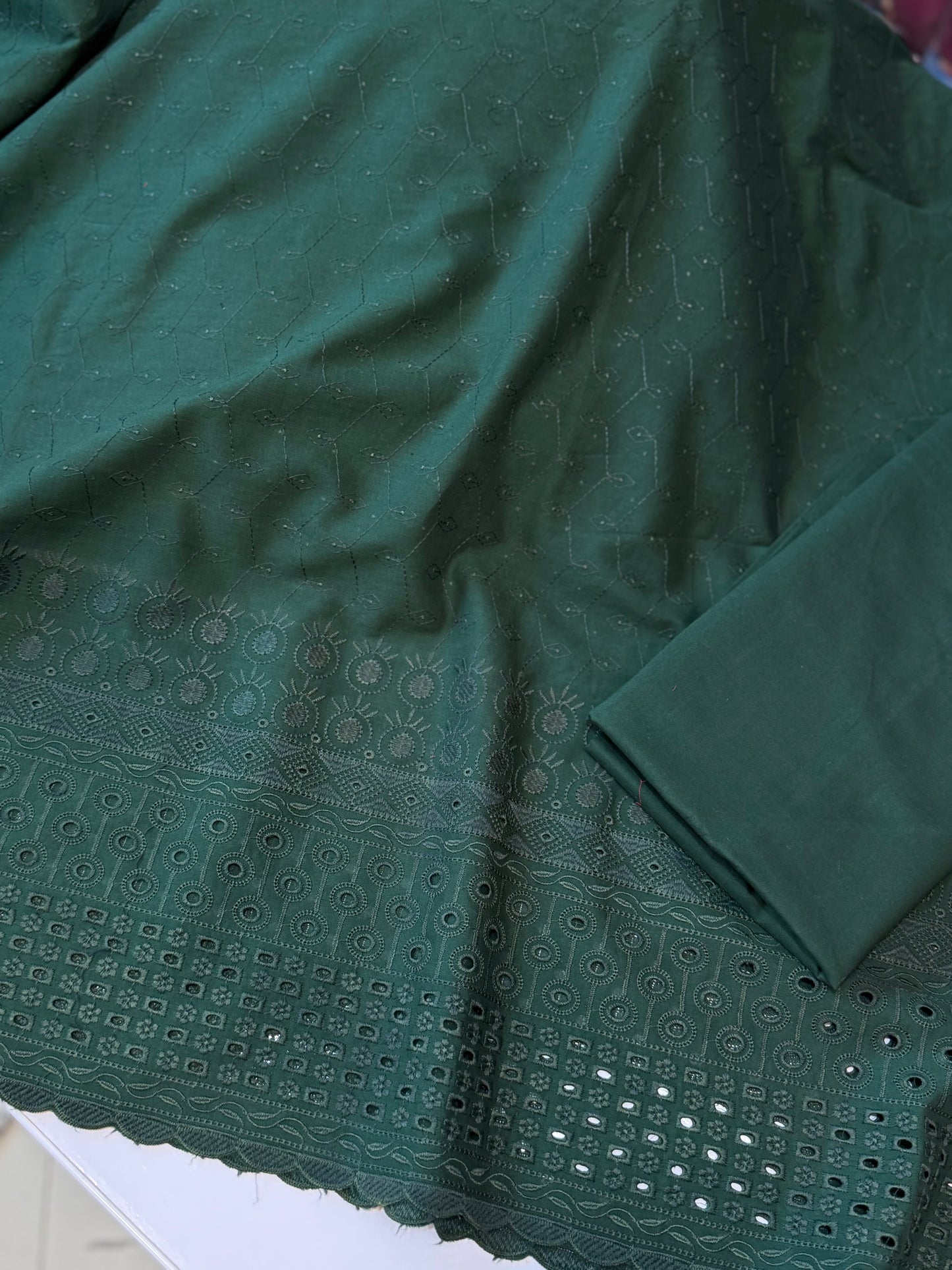 Chikankari Lawn 2 Piece Suit Daman Bore Long Length Suit | Dark Green