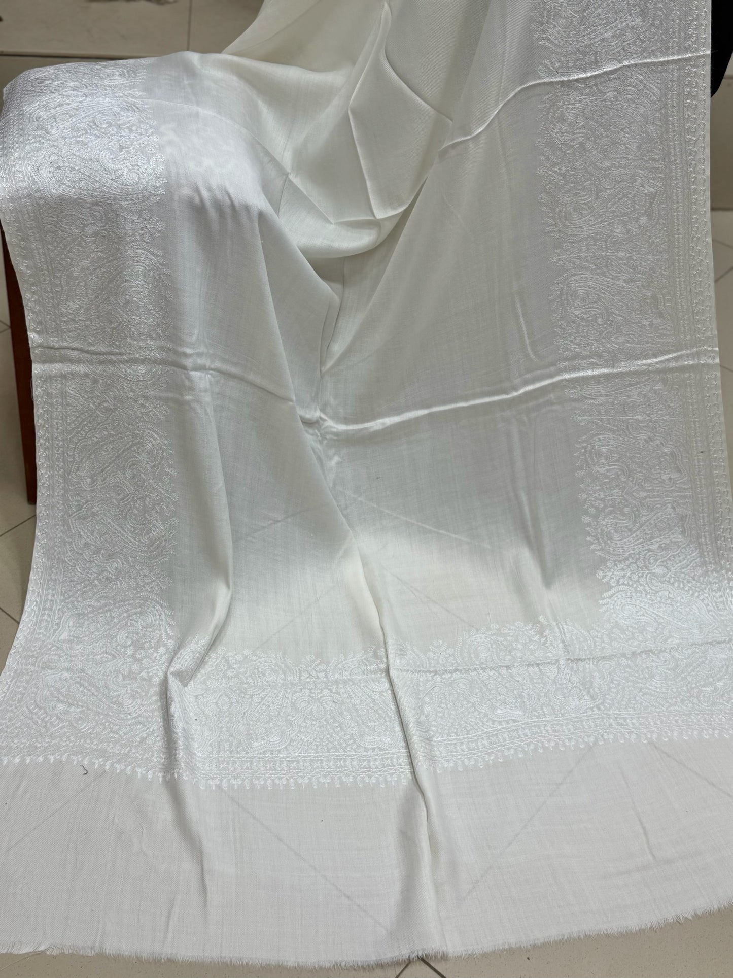 Kashmiri Shawl | 4 Side Wide Border Kashmiri Embroidery | White