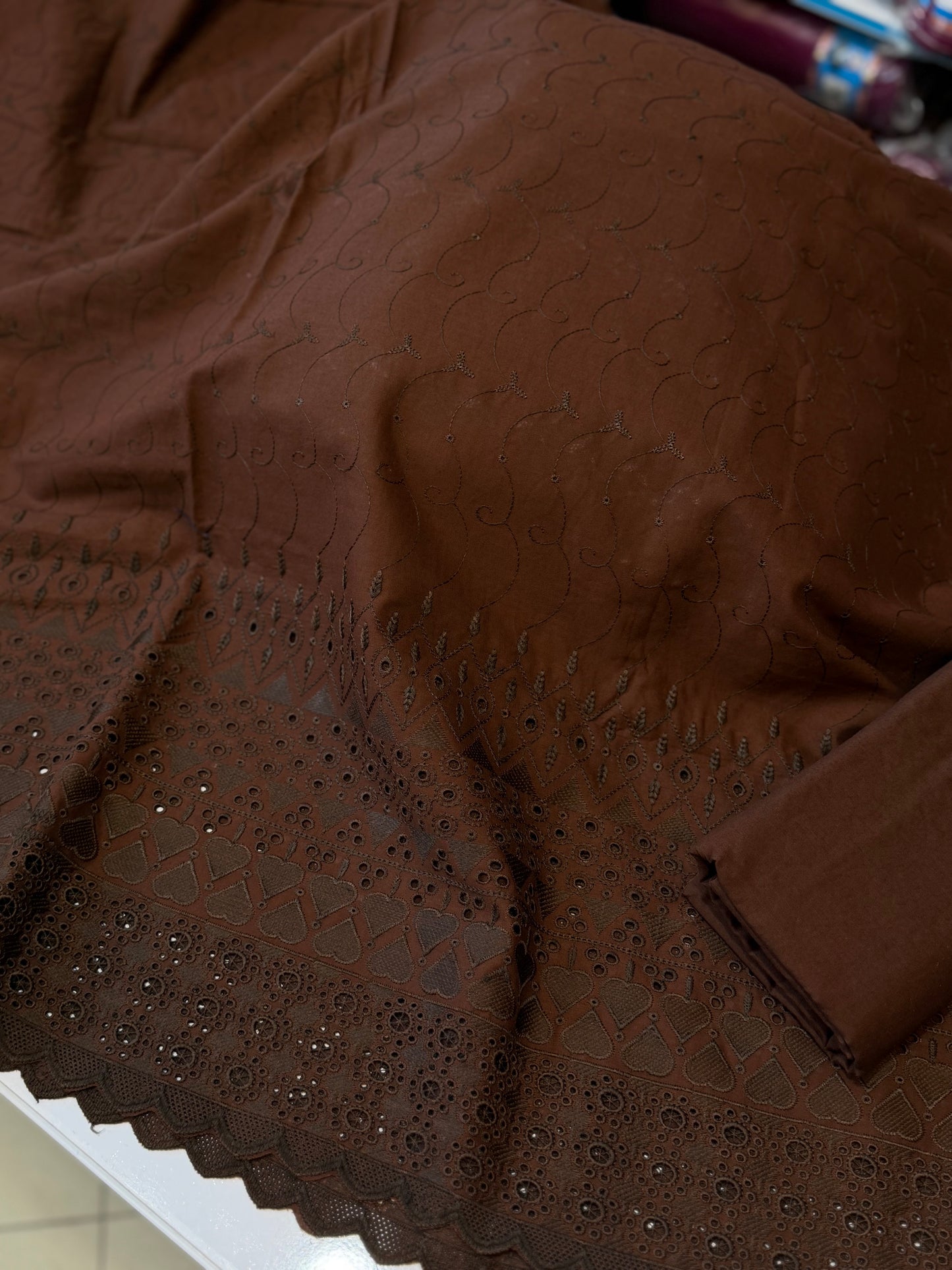 Chikankari Lawn 2 Piece Suit Daman Bore Long Length Suit | Choc Brown
