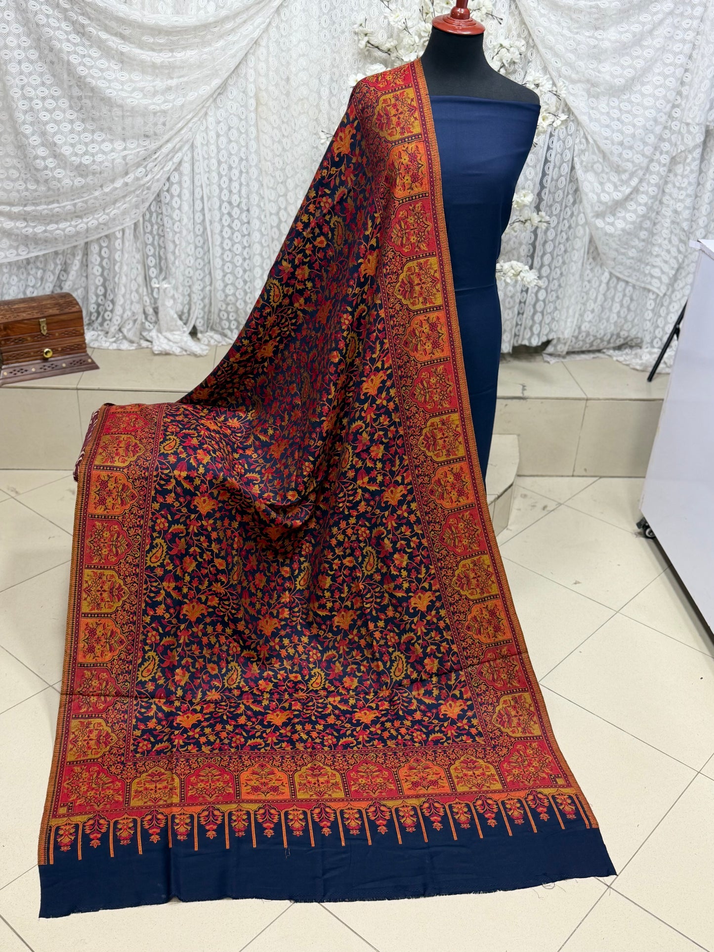 3 Piece Kani Shawl Suit | Plain Marina Suit With Kani Pashmina Shawl Perfect Gift | Blue