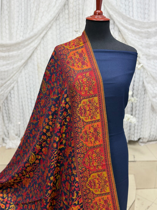 3 Piece Kani Shawl Suit | Plain Marina Suit With Kani Pashmina Shawl Perfect Gift | Blue