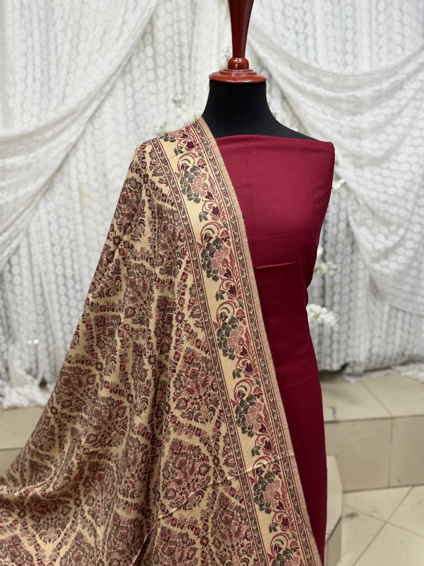 3 Piece Kani Shawl Suit | Plain Marina Suit With Kani Pashmina Shawl Perfect Gift | Dark Maroon