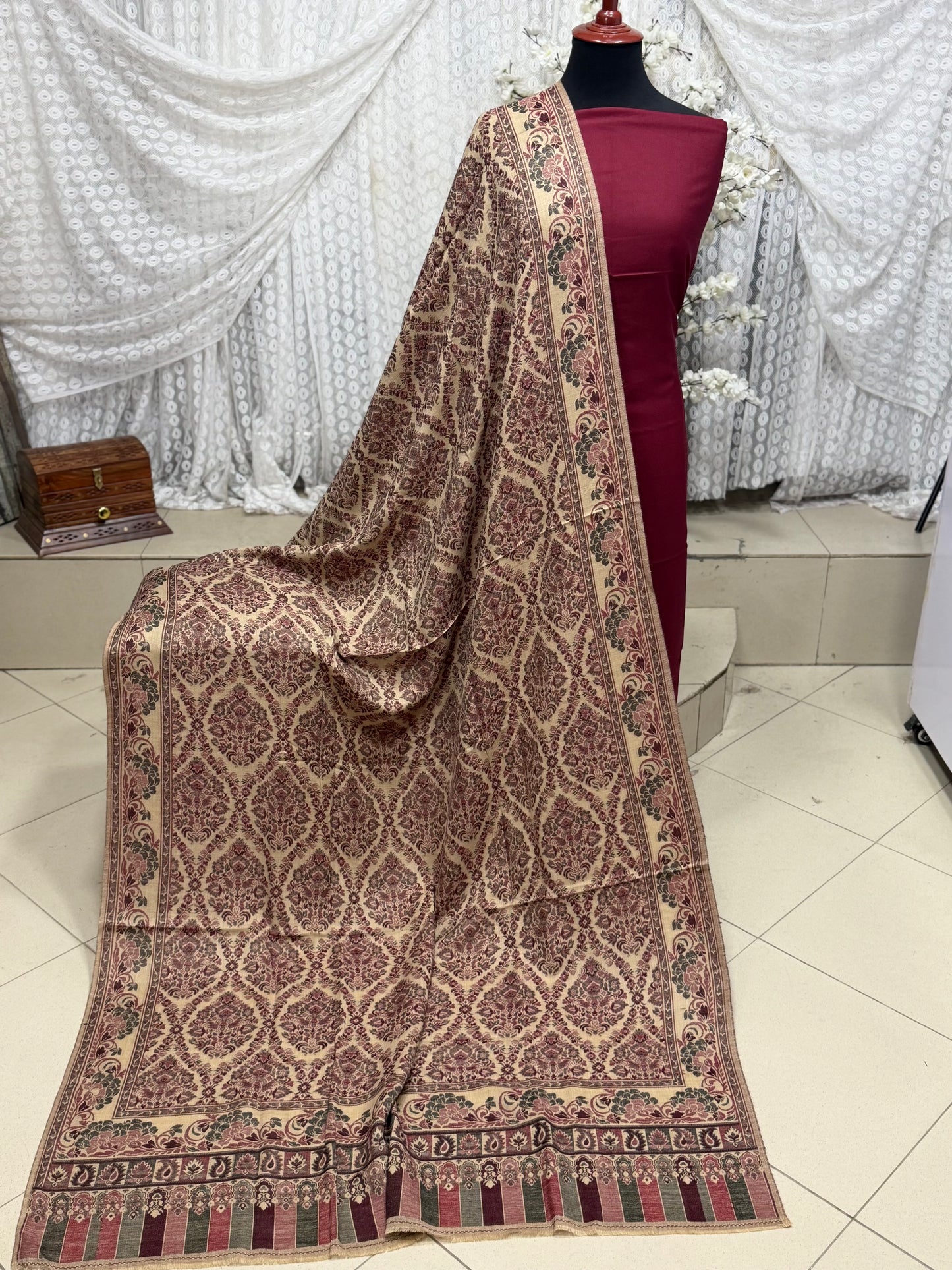 3 Piece Kani Shawl Suit | Plain Marina Suit With Kani Pashmina Shawl Perfect Gift | Dark Maroon