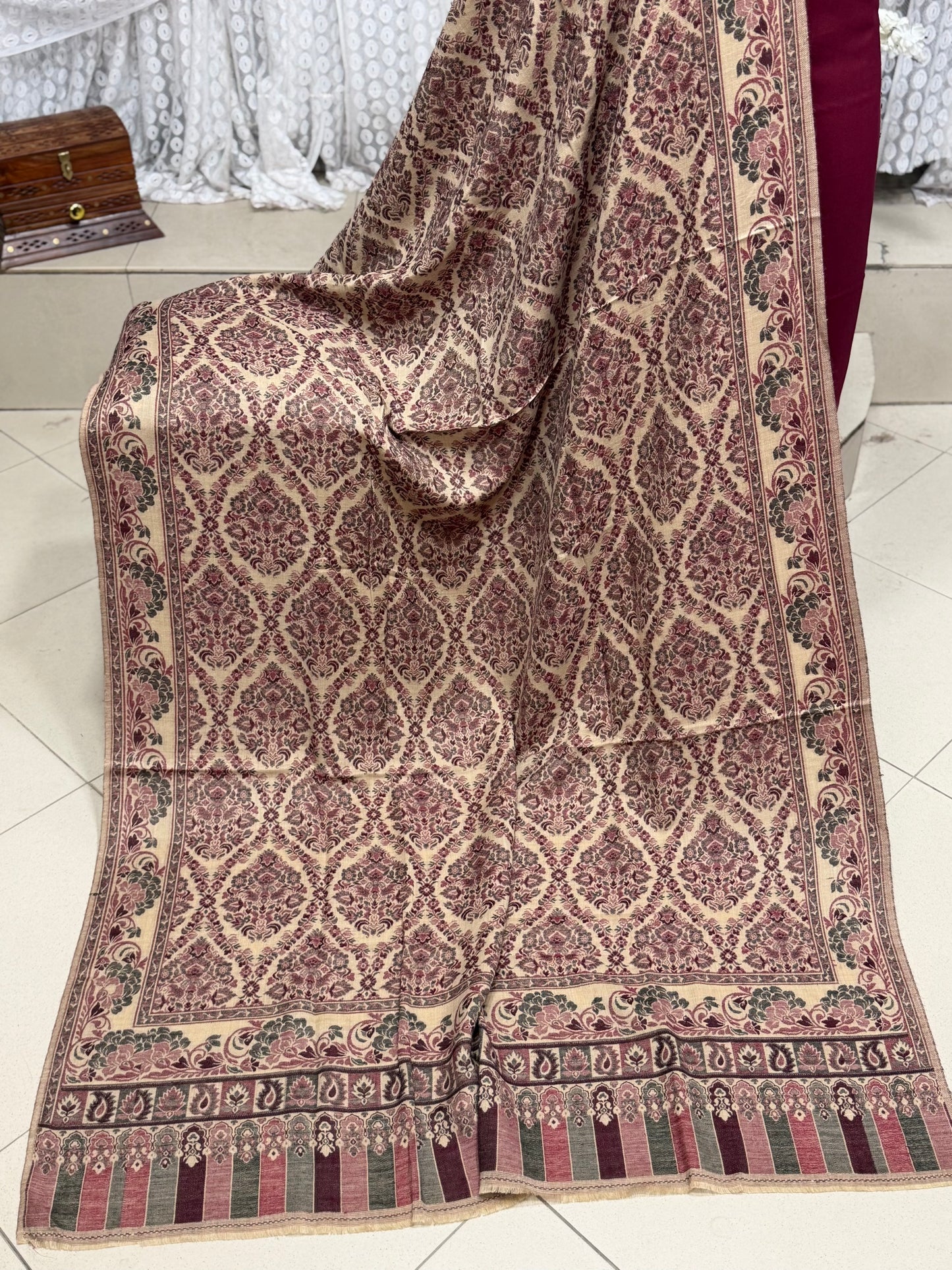 3 Piece Kani Shawl Suit | Plain Marina Suit With Kani Pashmina Shawl Perfect Gift | Dark Maroon