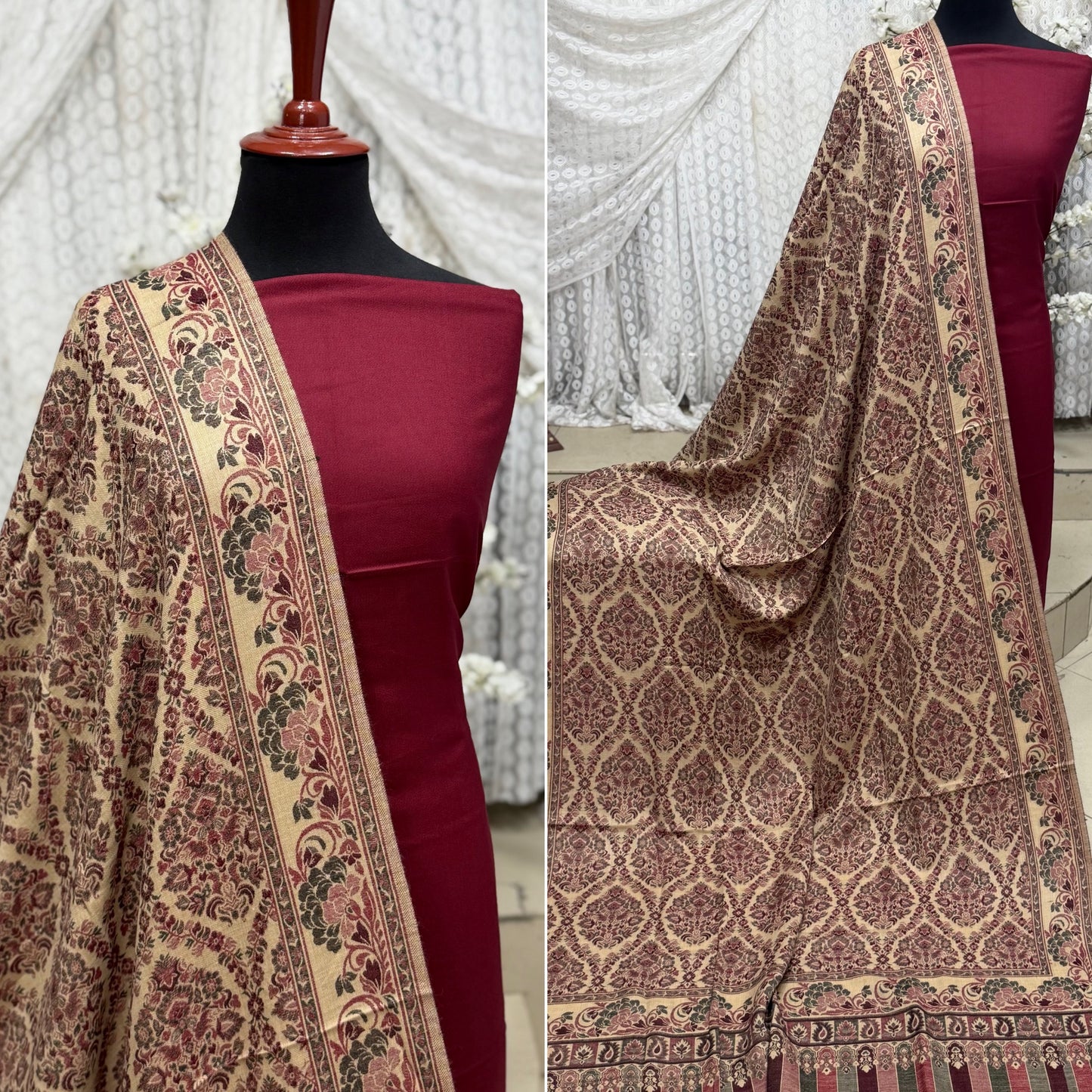 3 Piece Kani Shawl Suit | Plain Marina Suit With Kani Pashmina Shawl Perfect Gift | Dark Maroon