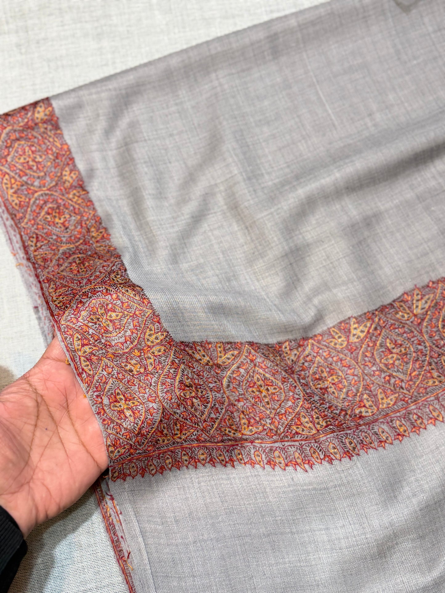 Kashmiri Shawl | Handmade Border Embroidery Made in Kashmir Pure Pashmina | Grey