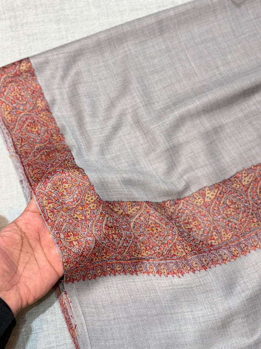 Kashmiri Shawl | Handmade Border Embroidery Made in Kashmir Pure Pashmina | Grey