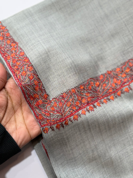 Grey Kashmiri Shawl | Handmade Hashia Border Embroidery Made in Kashmir Pure Pashmina