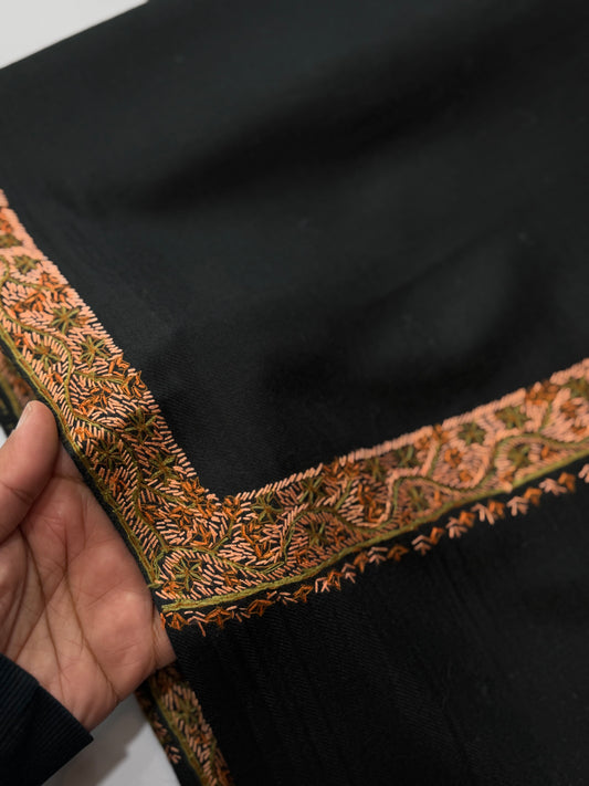 Black Kashmiri Shawl | Handmade Hashia Border Embroidery Made in Kashmir Pure Pashmina
